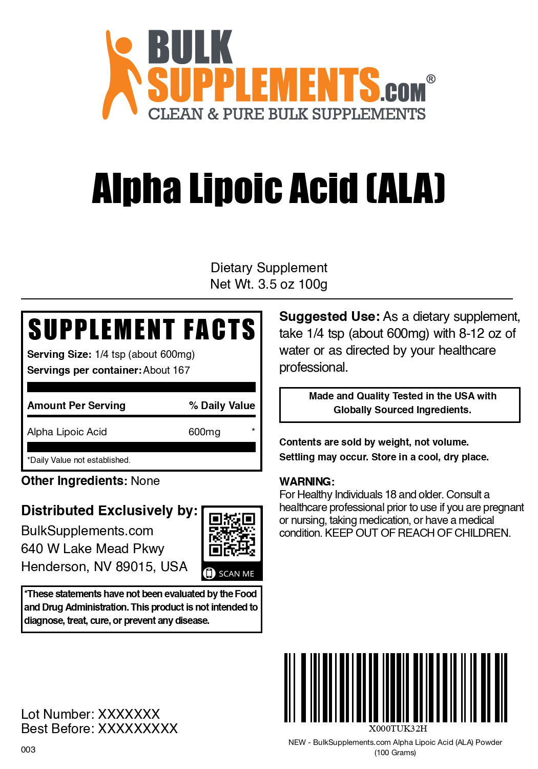 Alpha lipoic acid powder label 100g