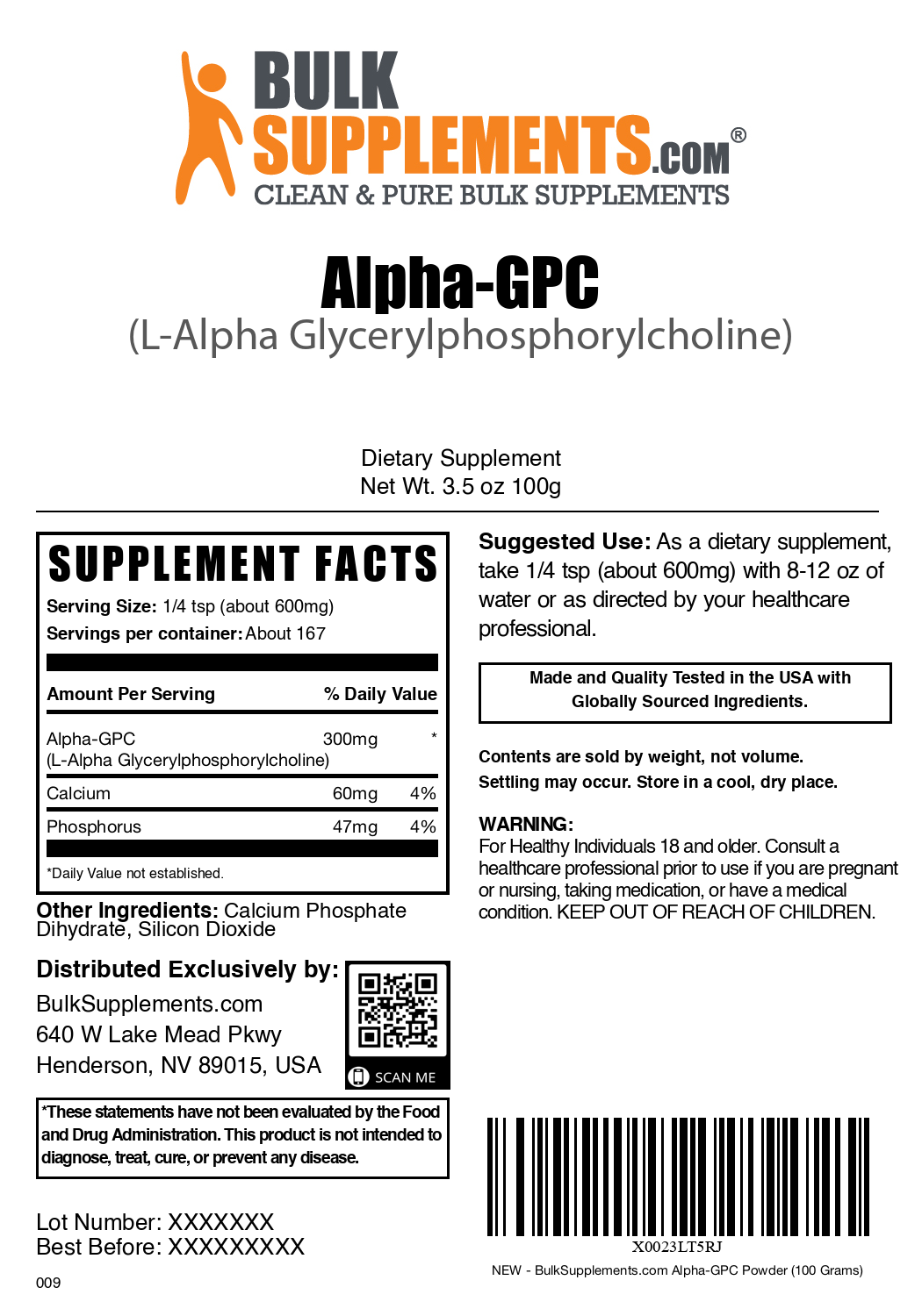 Alpha GPC Powder 500g Bag Label