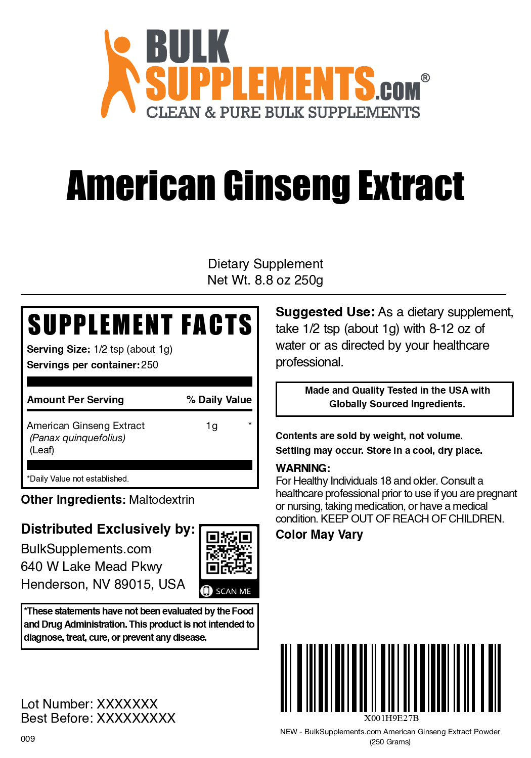American Ginseng Extract powder label 250g