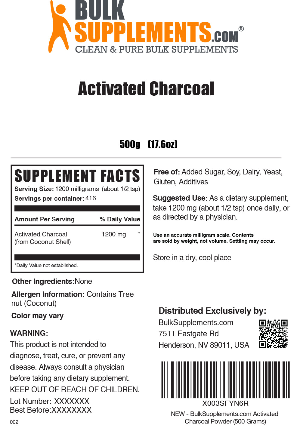 Activated charcoal powder label 500g