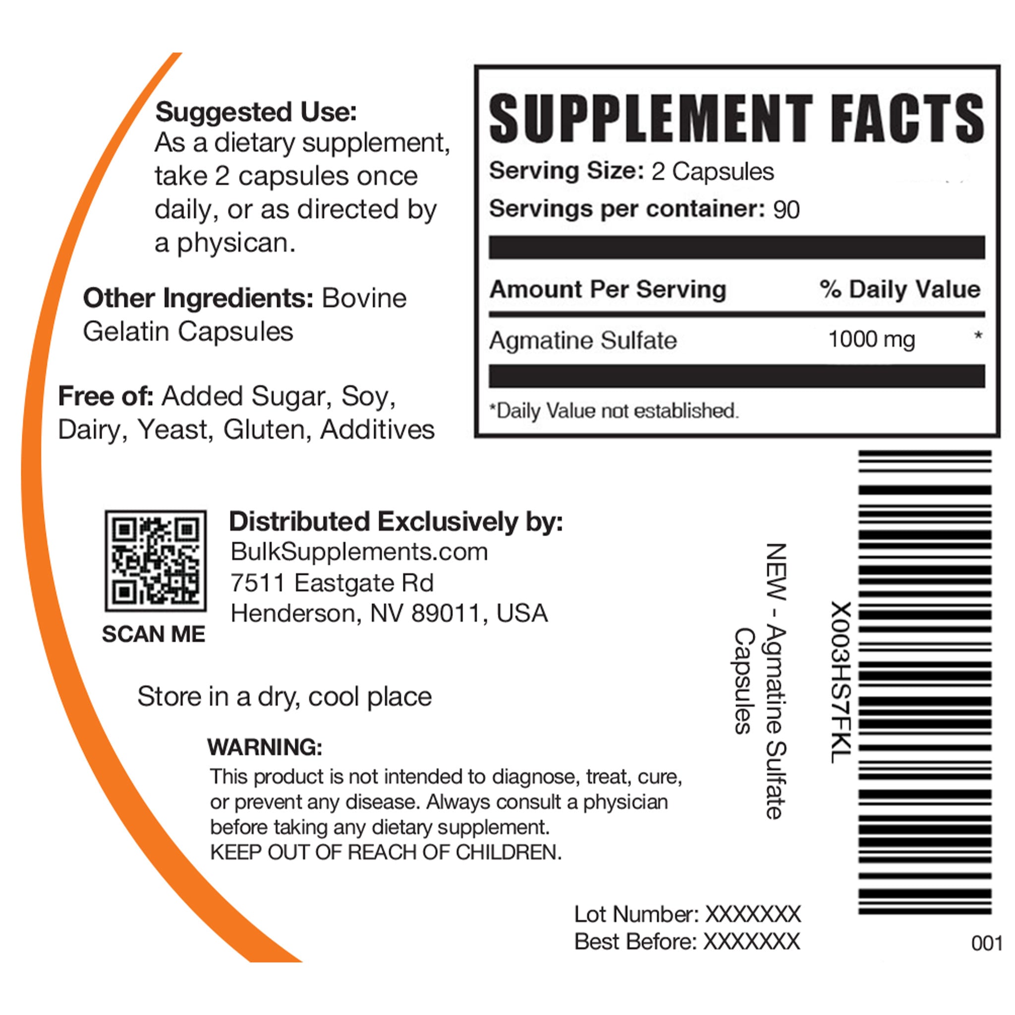 Agmatine Sulfate Capsules 180 ct Label
