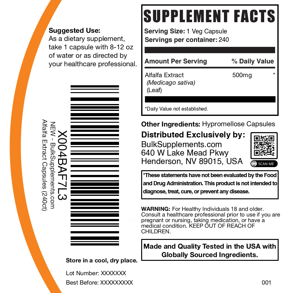 Alfalfa extract 240 capsules label