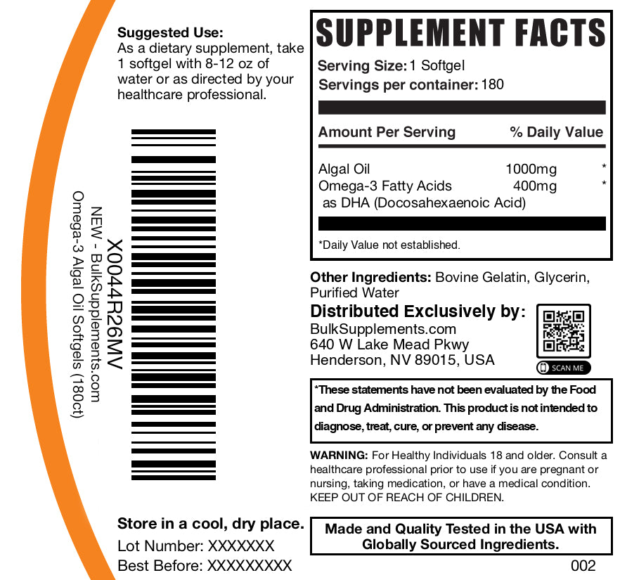 Algal oil 180 softgels label