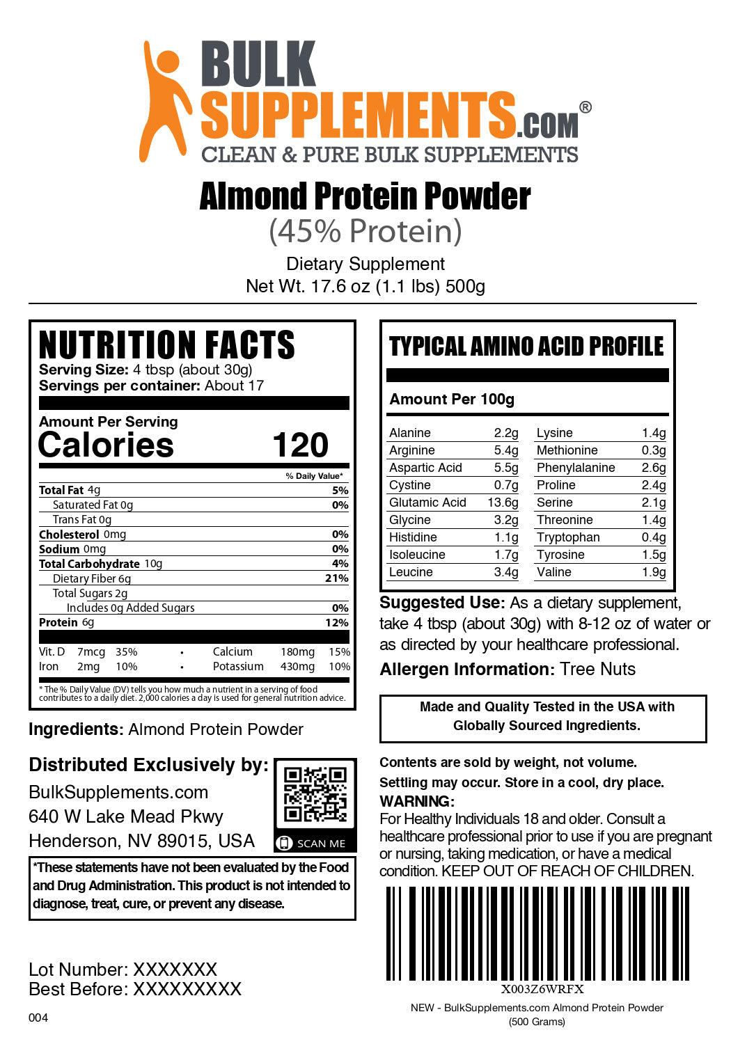 Almond protein powder label 500g