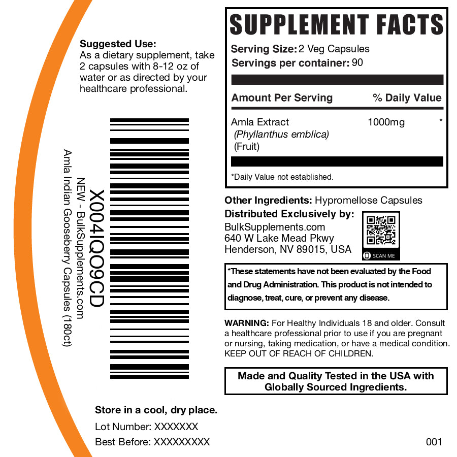 Amla extract 180 capsules label