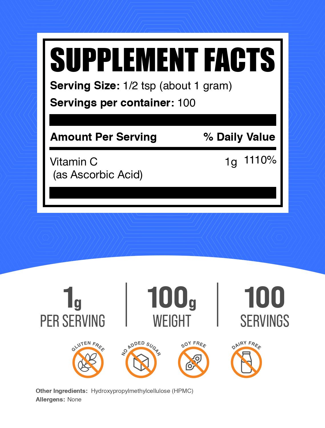 Ascorbic Acid (Vitamin C) powder label 100g