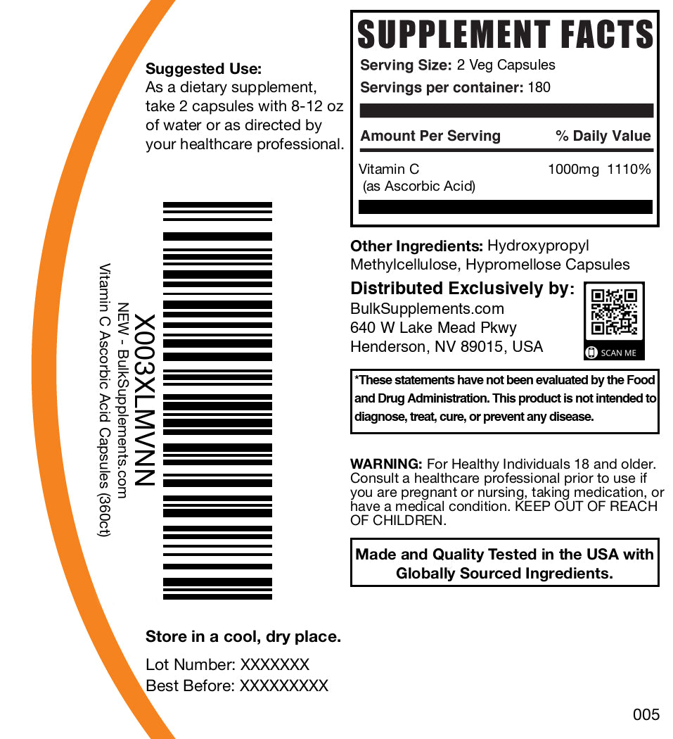 Ascorbic acid 360 capsules label
