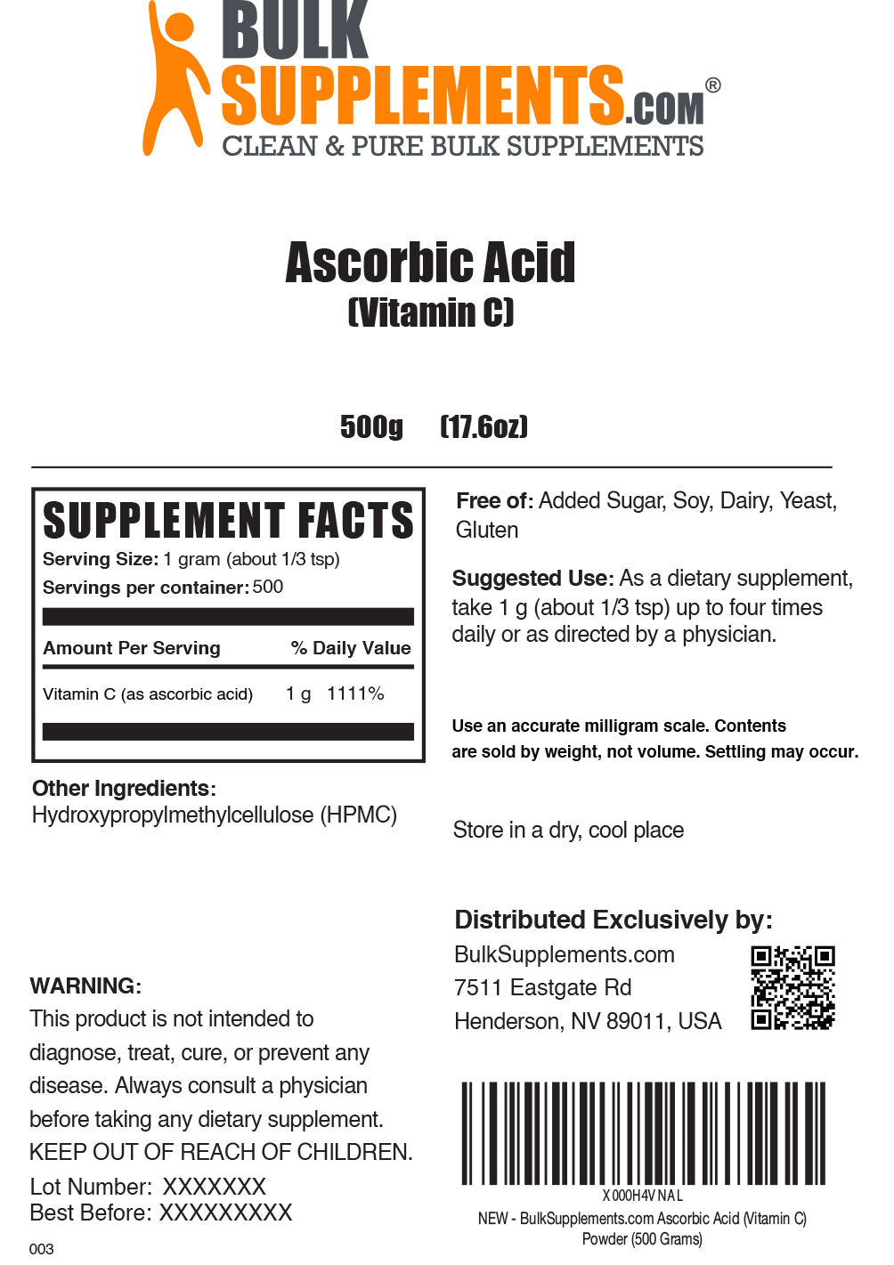 Ascorbic acid powder label 500g