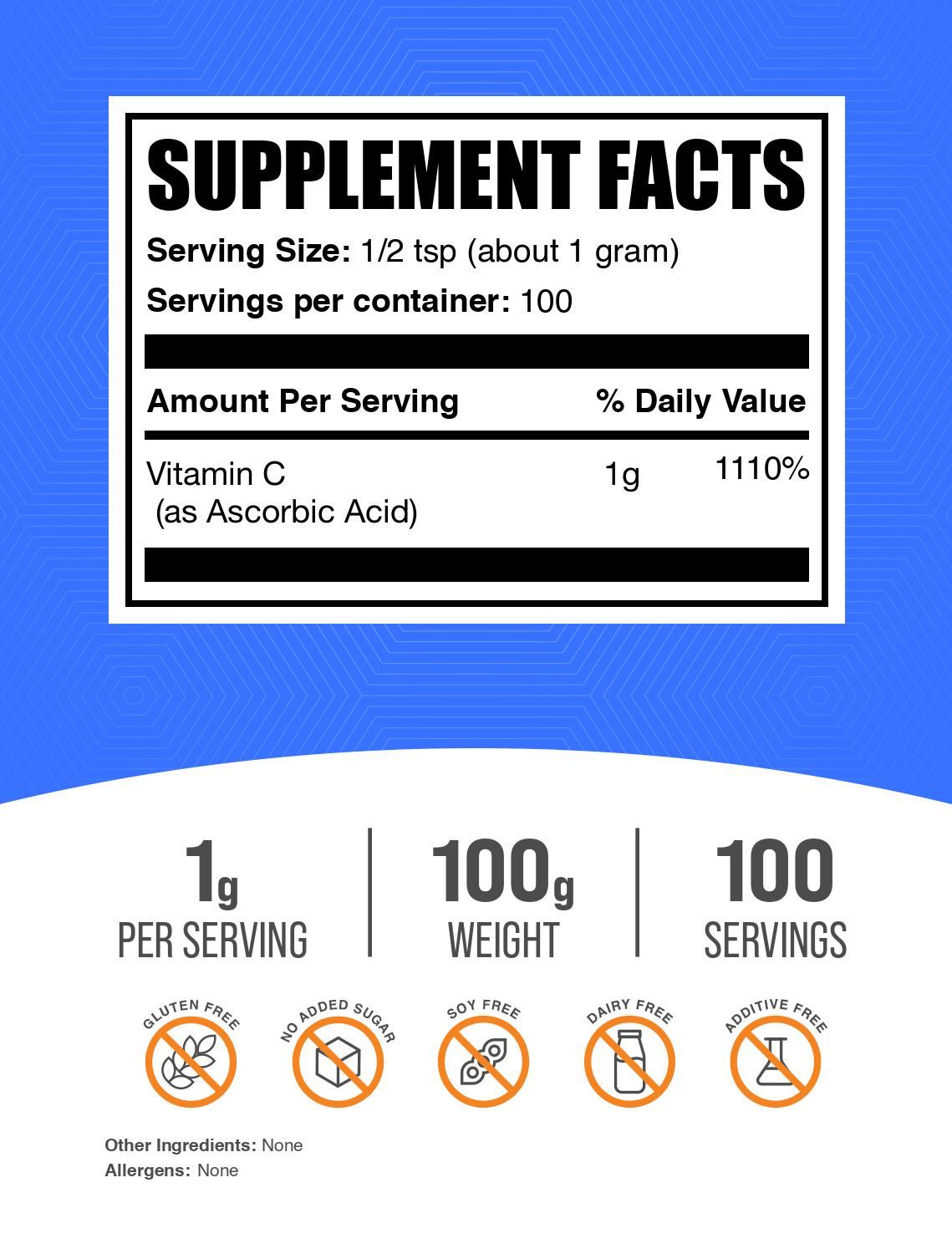 Ascorbic Acid Vitamin C Powder 100g Label