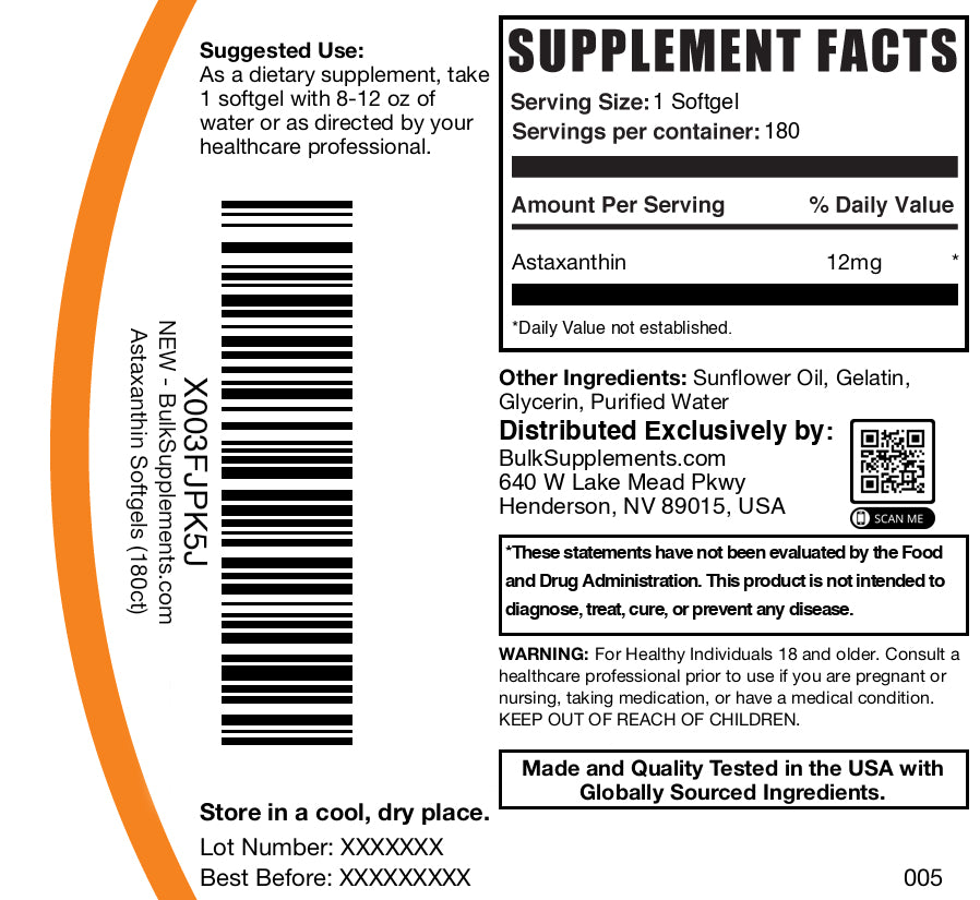 Astaxanthin 180 softgels label