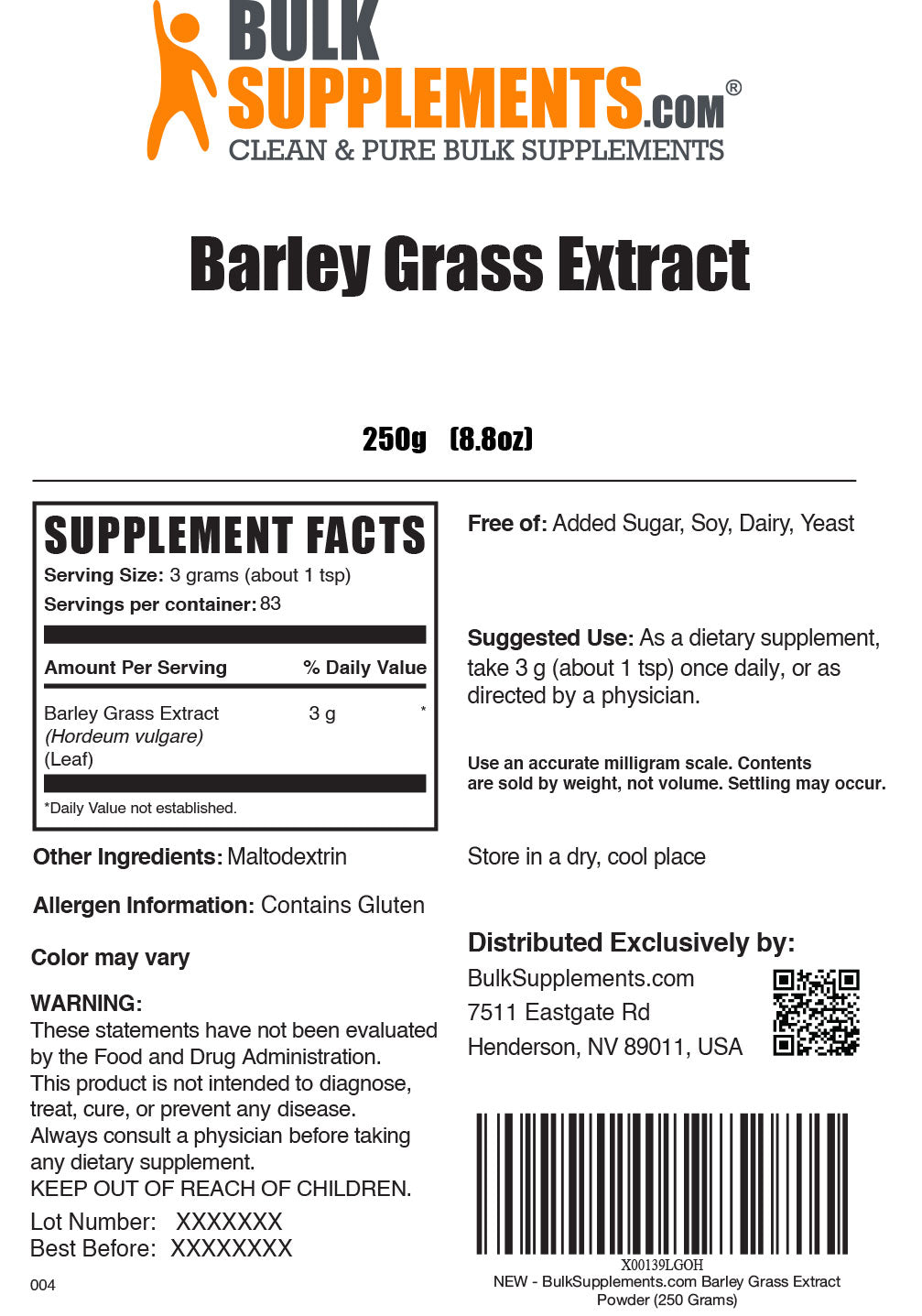 Barley grass extract powder label 250g