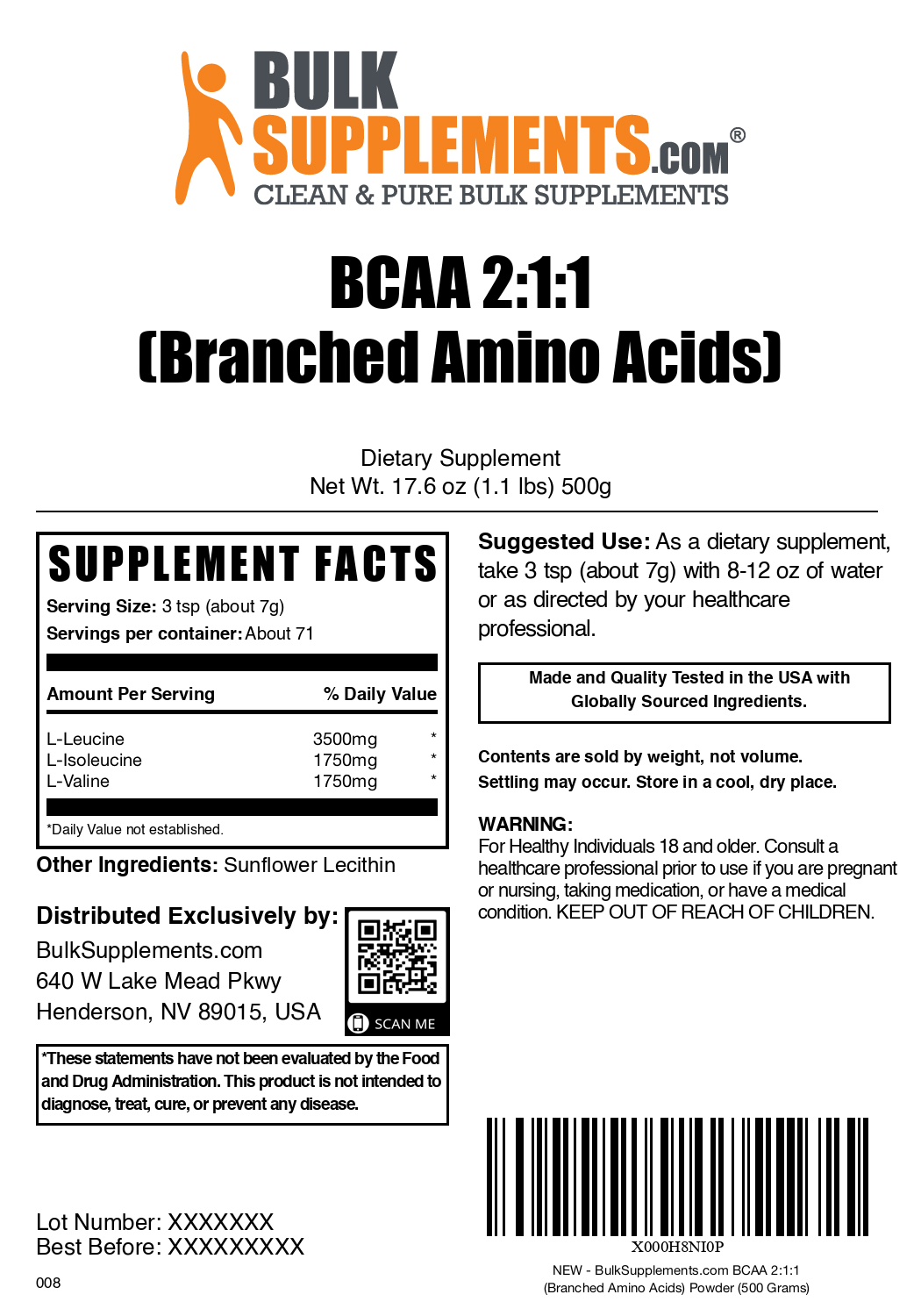 BCAA 2:1:1 powder label 500g