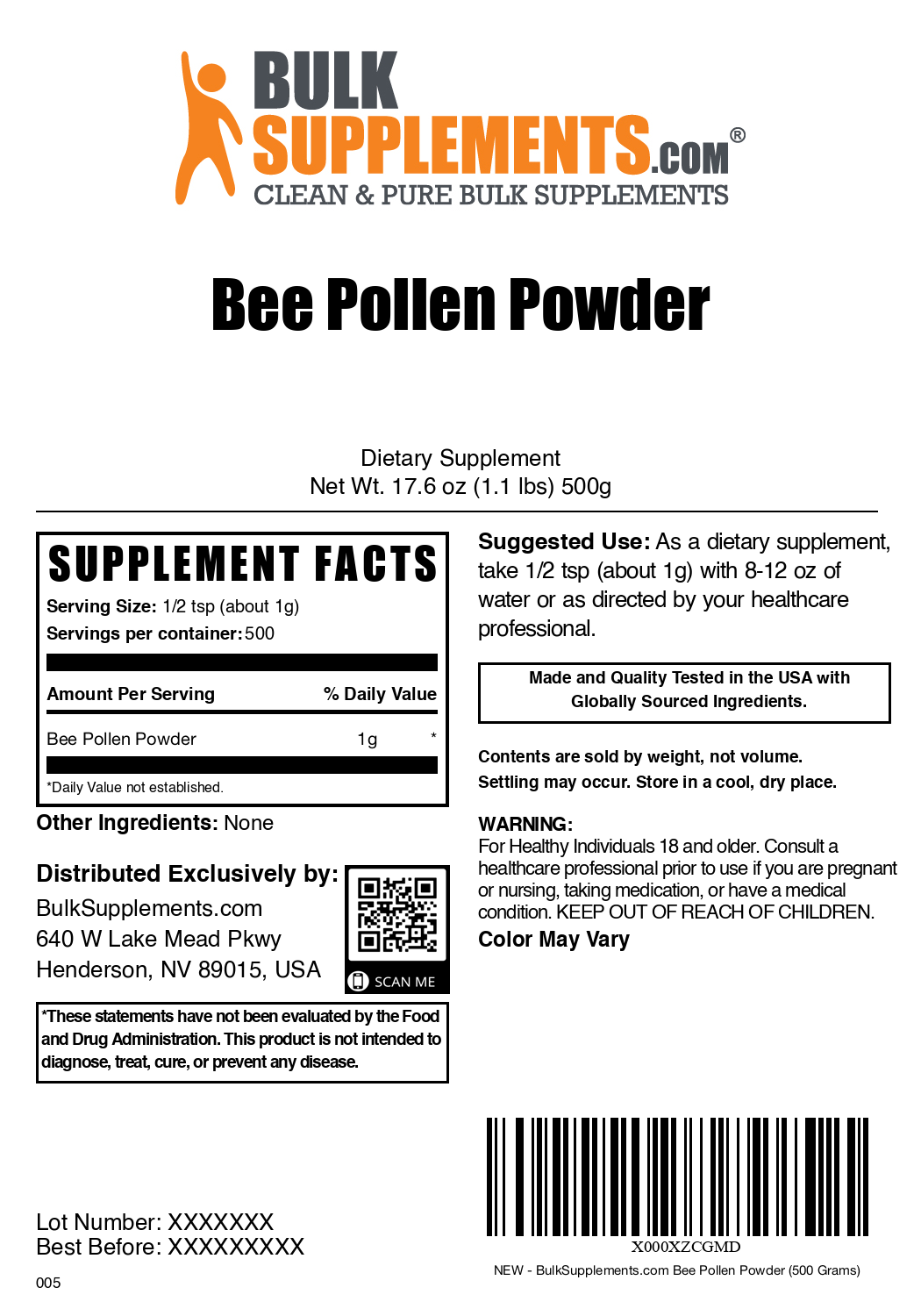 Bee pollen powder label 500g