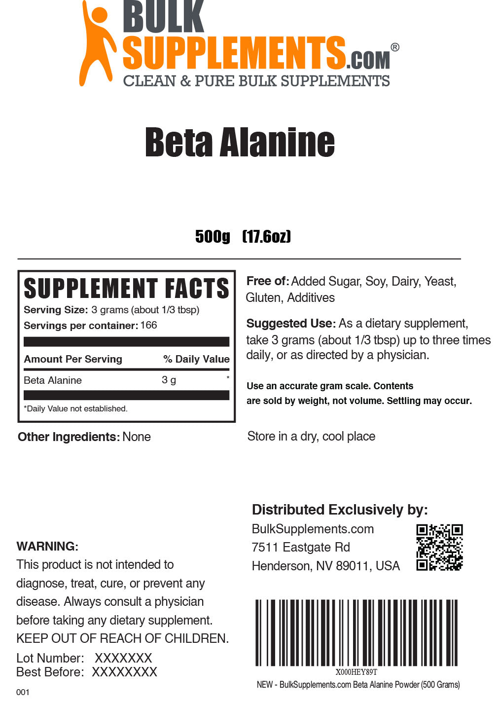 Beta alanine powder label 500g