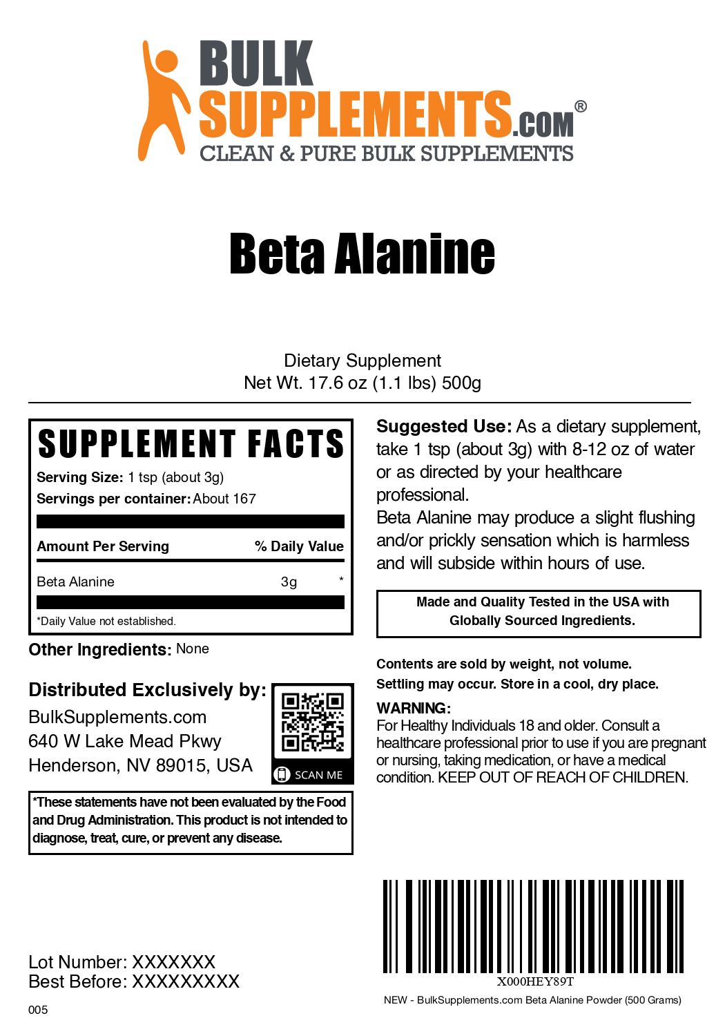 Beta alanine powder label 500g