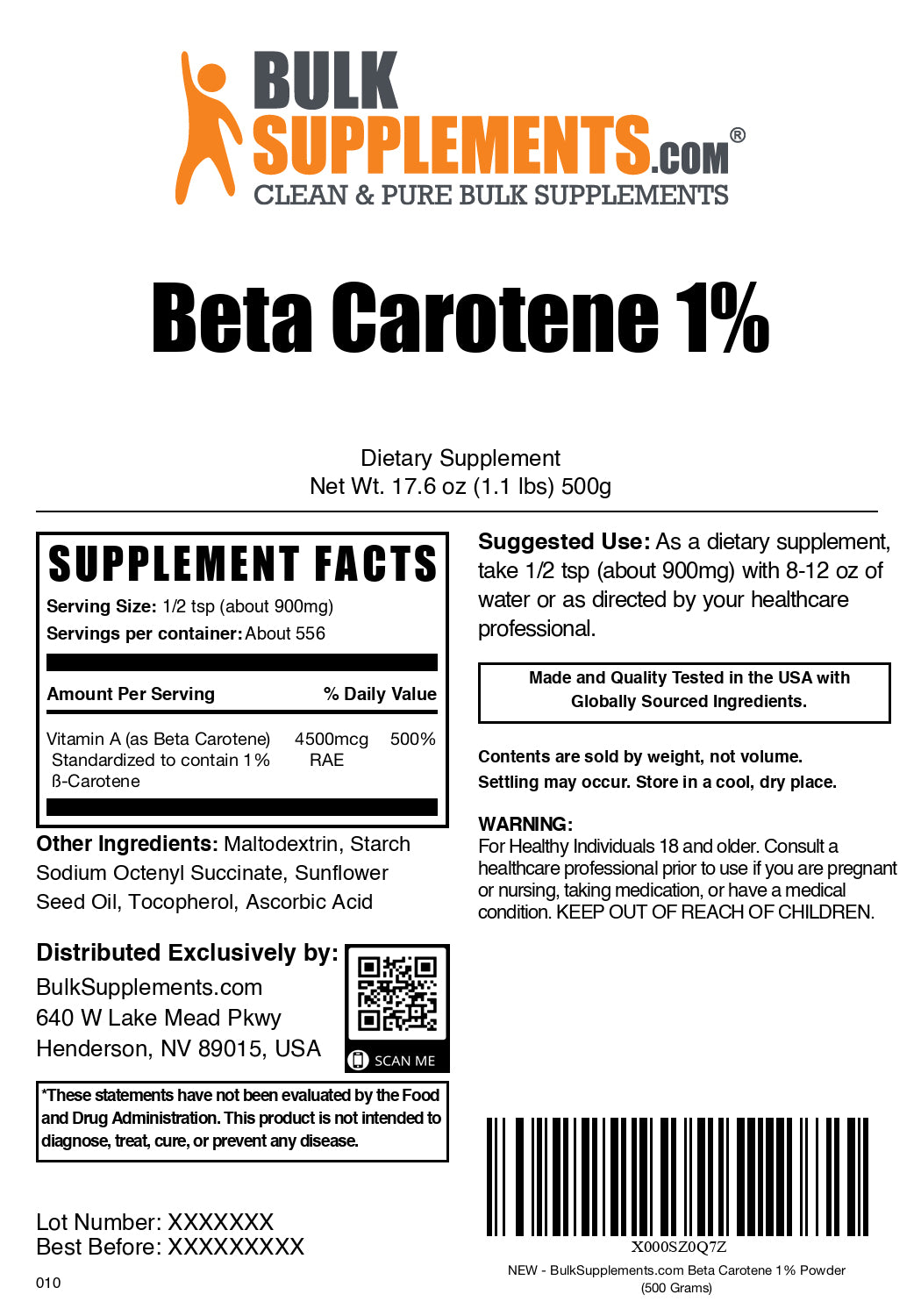 Beta carotene powder label 500g