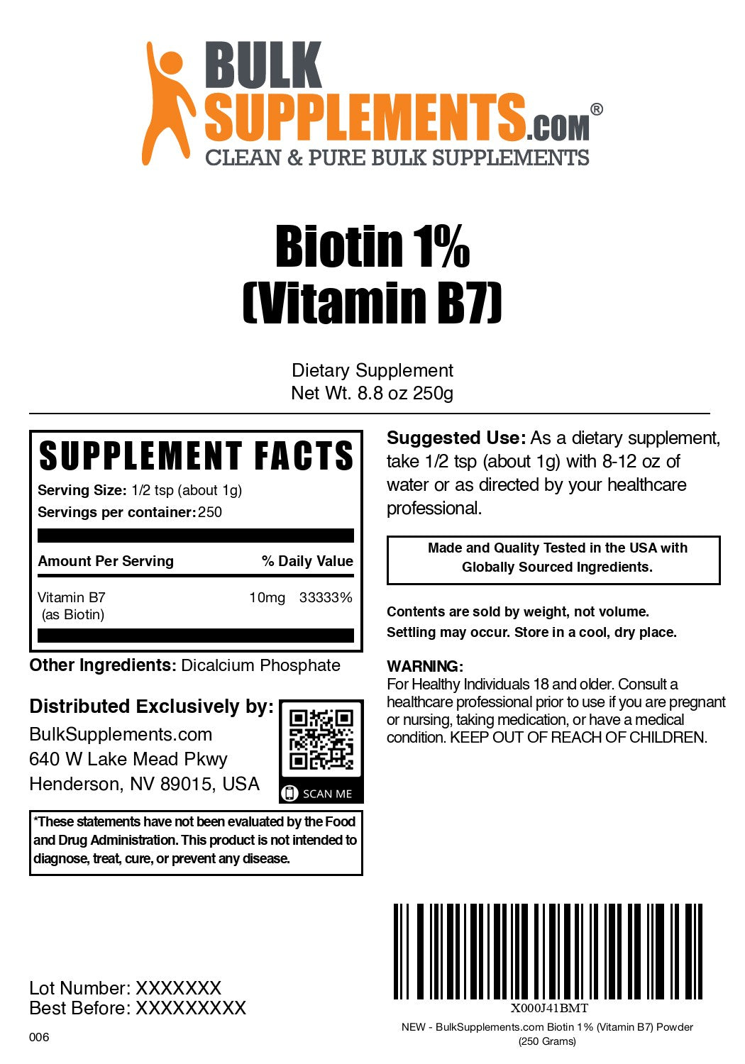 Biotin 1% (Vitamin B7) 250g label