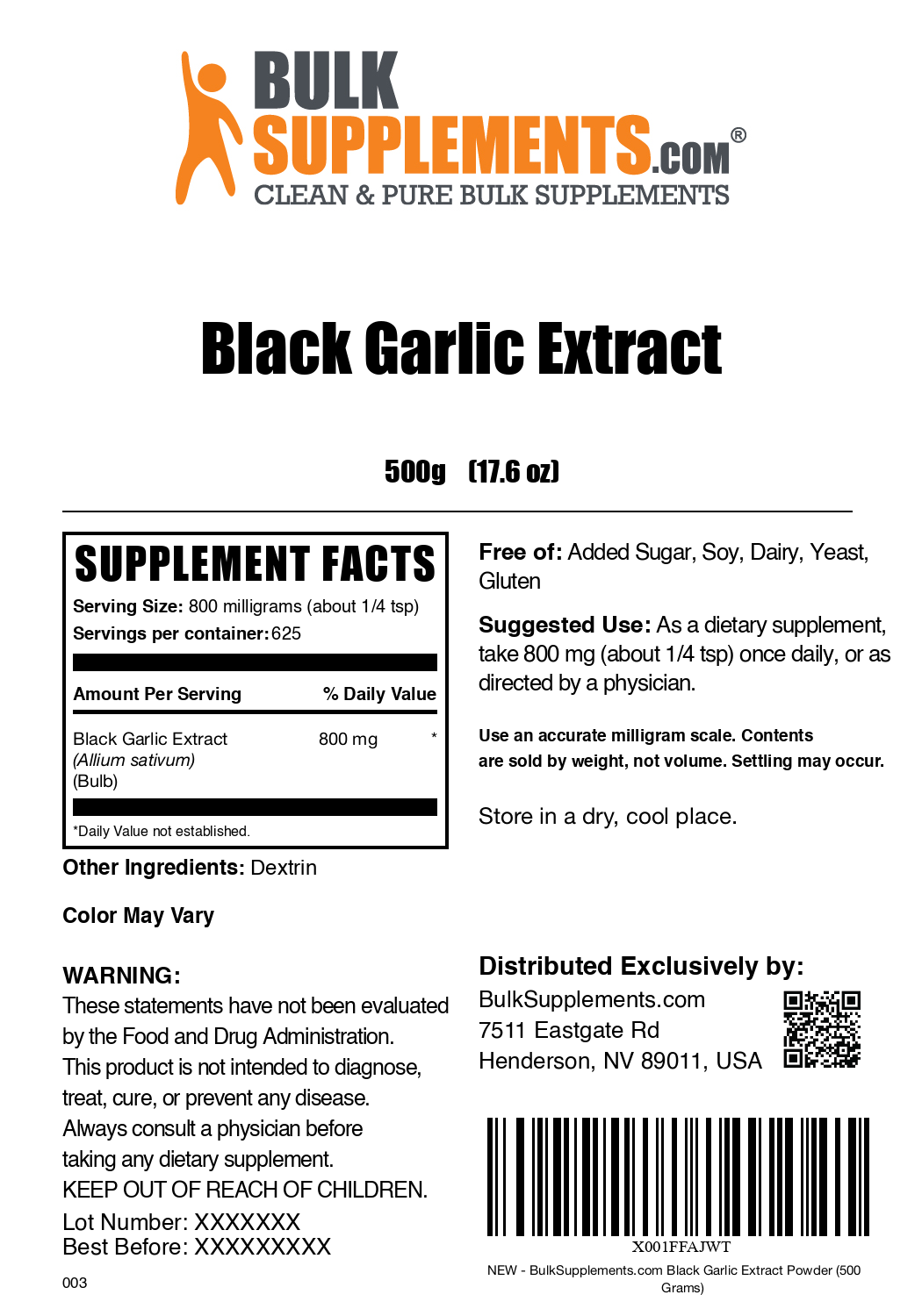 Black Garlic Extract powder label 500g