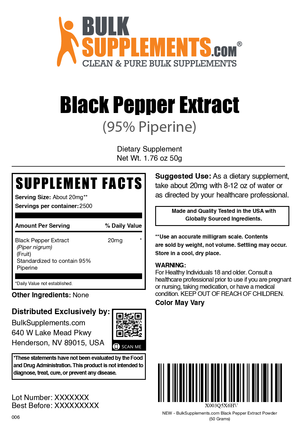 Black pepper extract powder label 50g