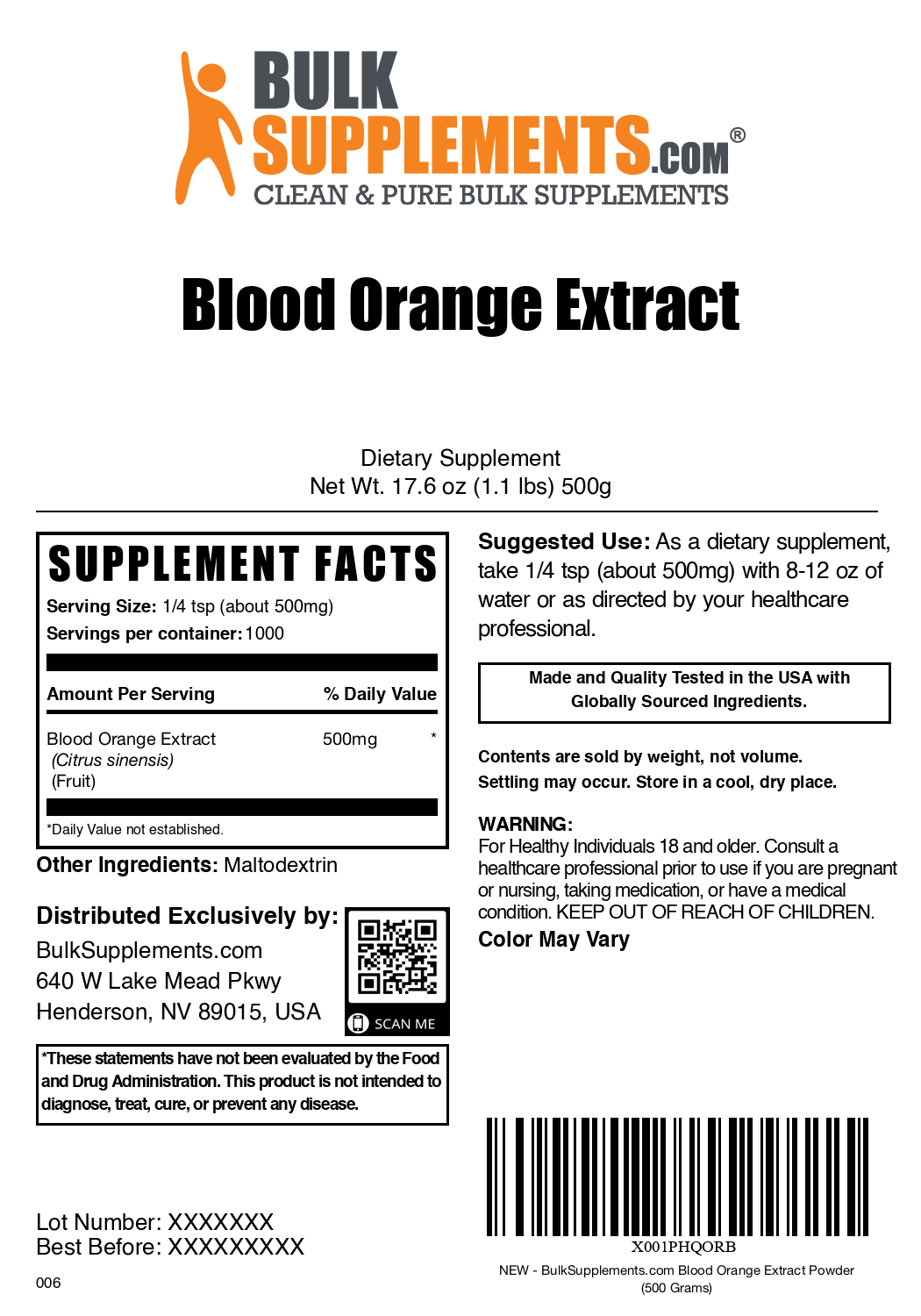 Blood orange extract powder label 500g