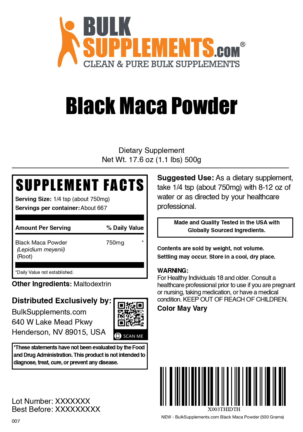 Black maca root powder label 500g