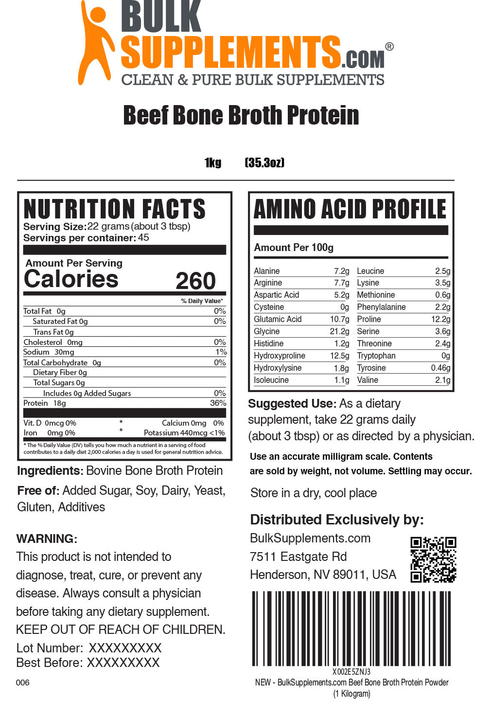 Supplement Facts Beef Bone Broth Protein Powder