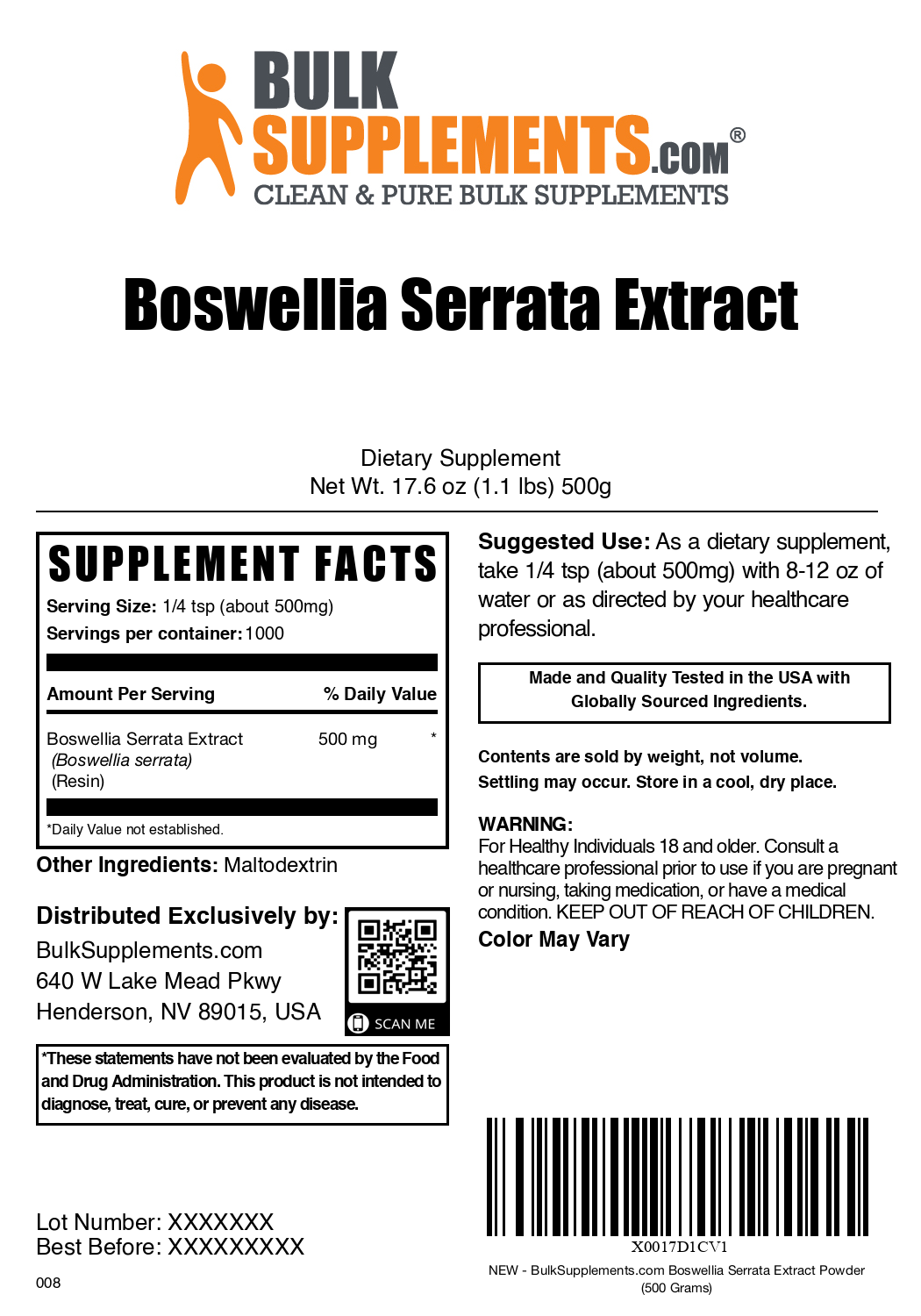 Boswellia serrata extract powder label 500g