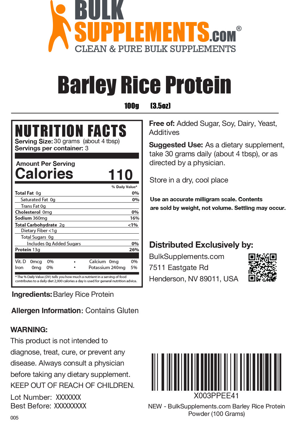Nutrition Facts Barley Rice Protein
