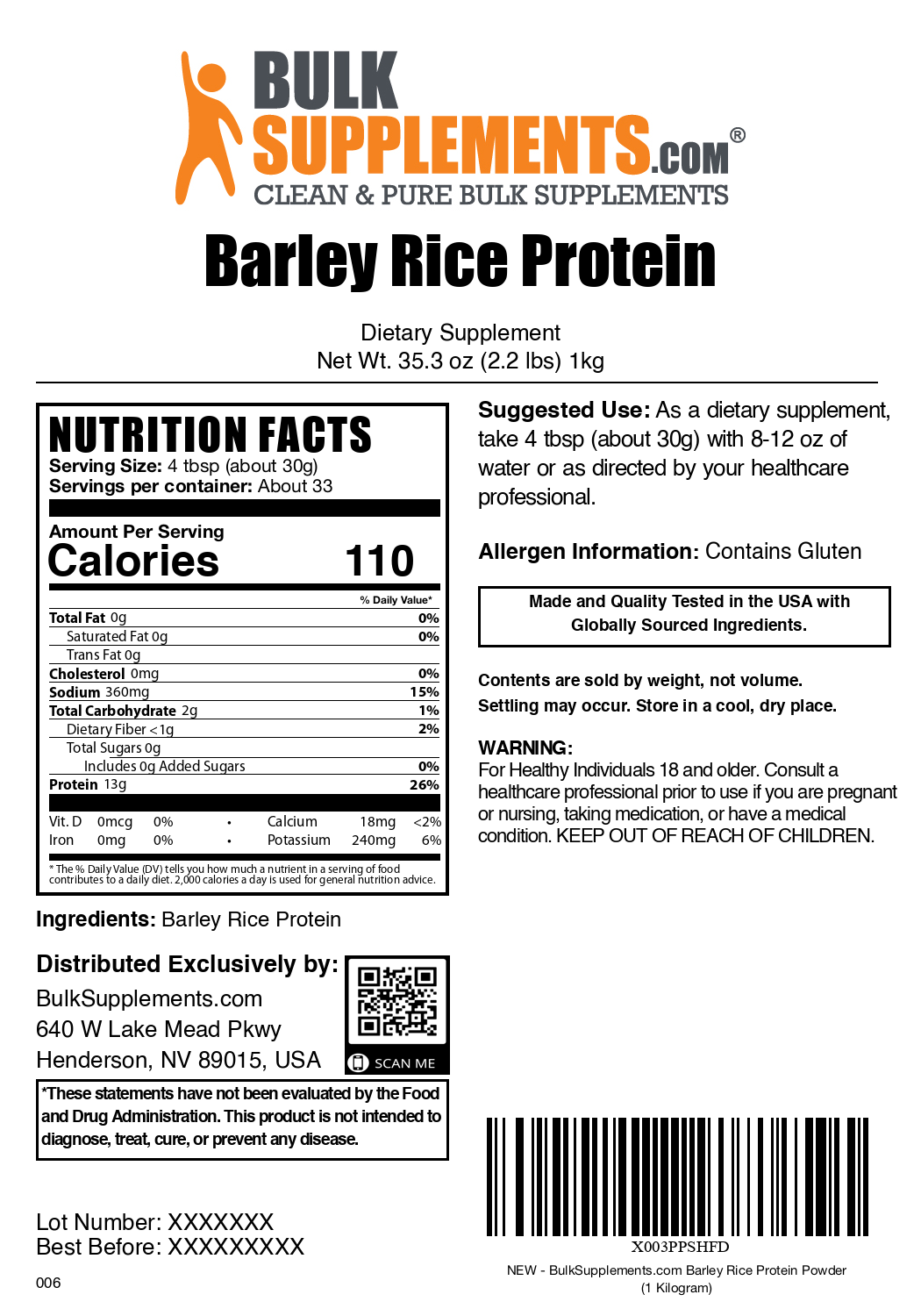 Barley rice protein powder label 1kg