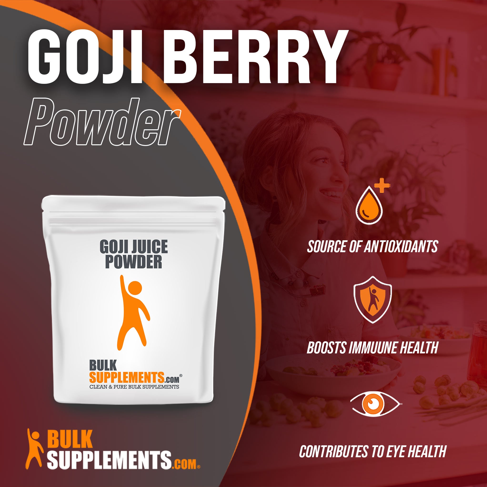 Benefits of Goji Berry Powder; source of antioxidants, boosts immune health, contributes to eye health