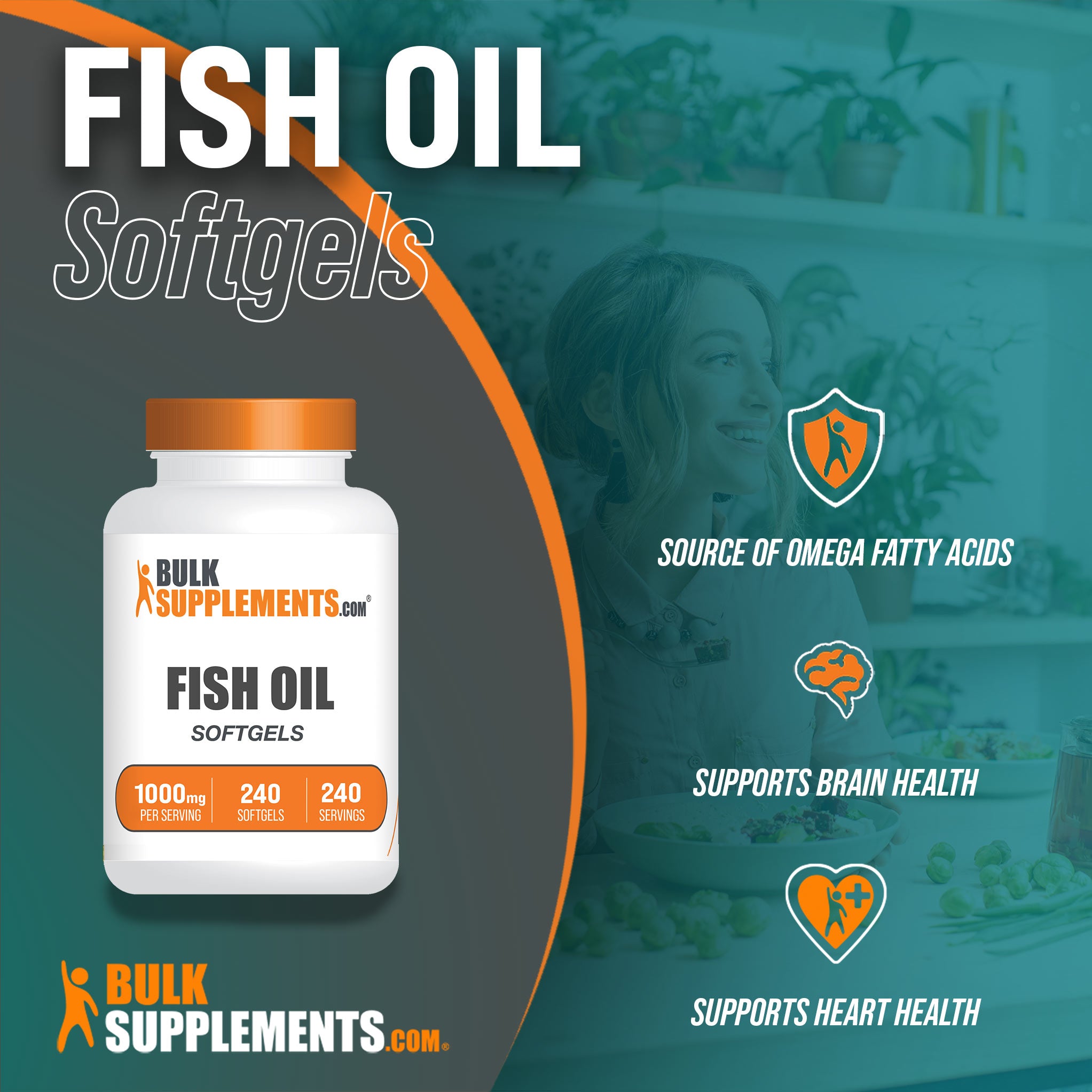 Benefits of Fish Oil Softgels; source of omega fatty acids, supports brain health, supports heart health