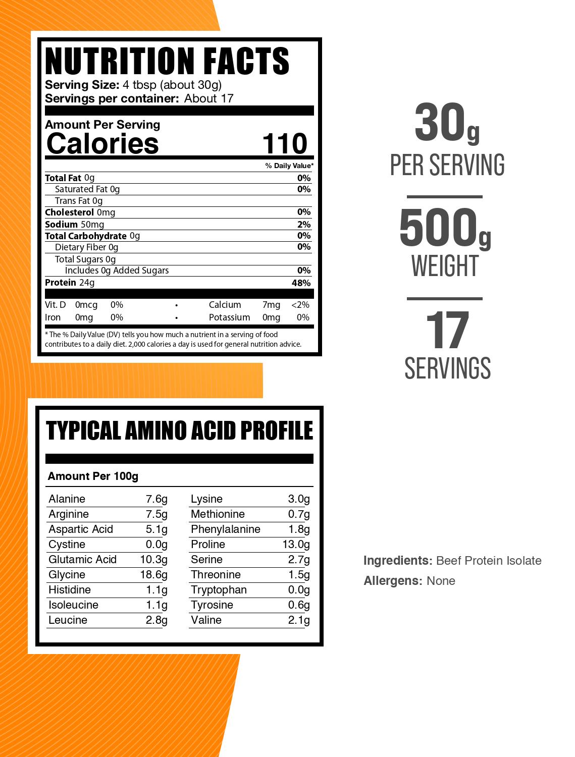 Beef protein isolate powder label 500g