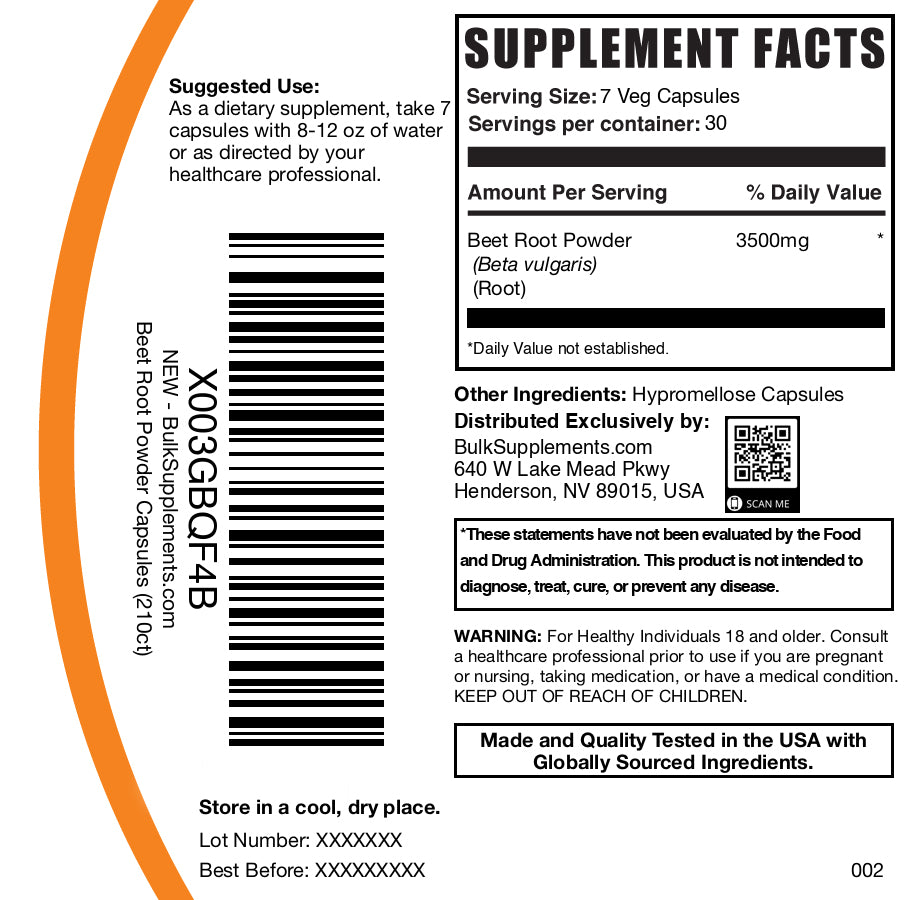 Beet root powder 120 capsules label