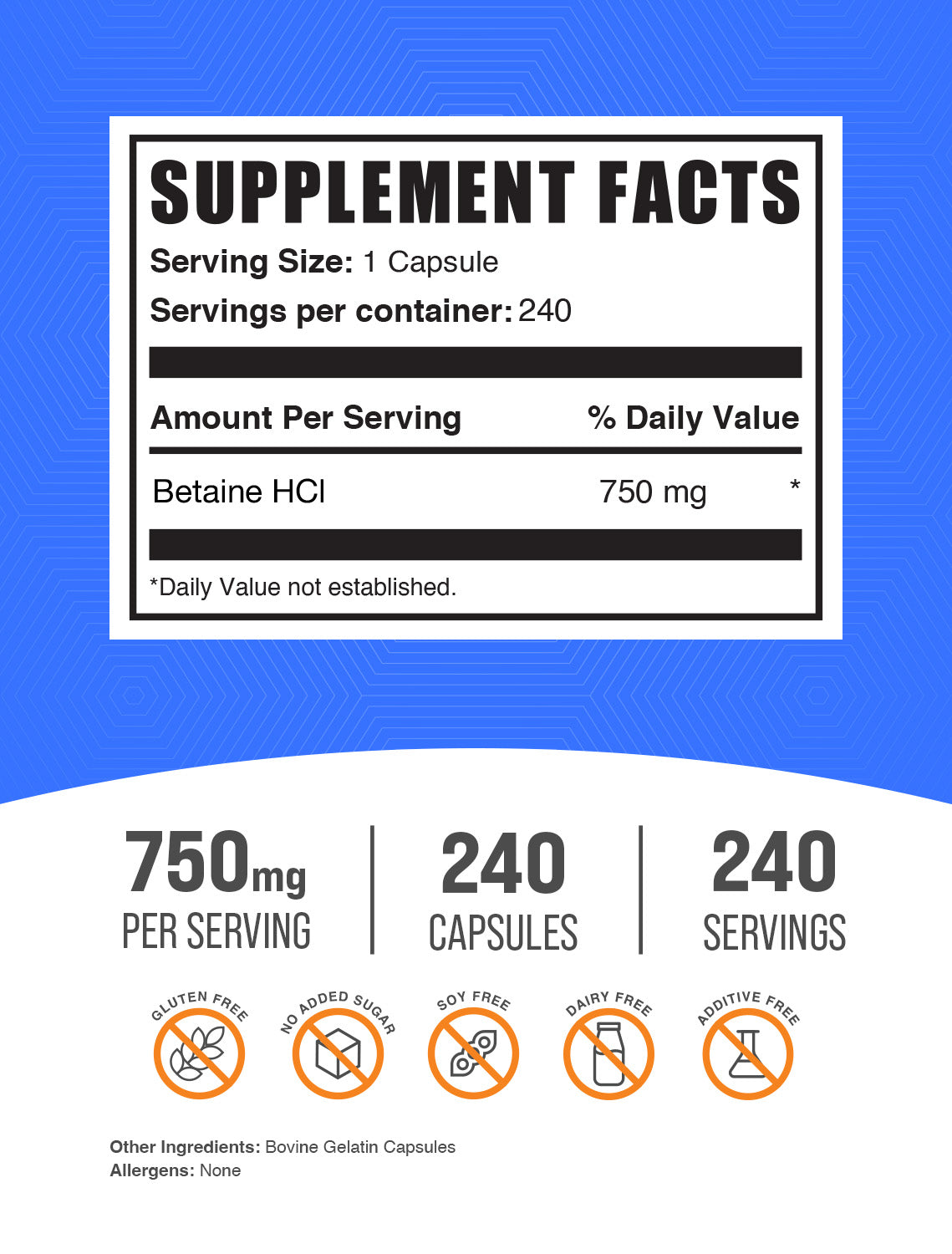 Betaine HCl 240 capsules label