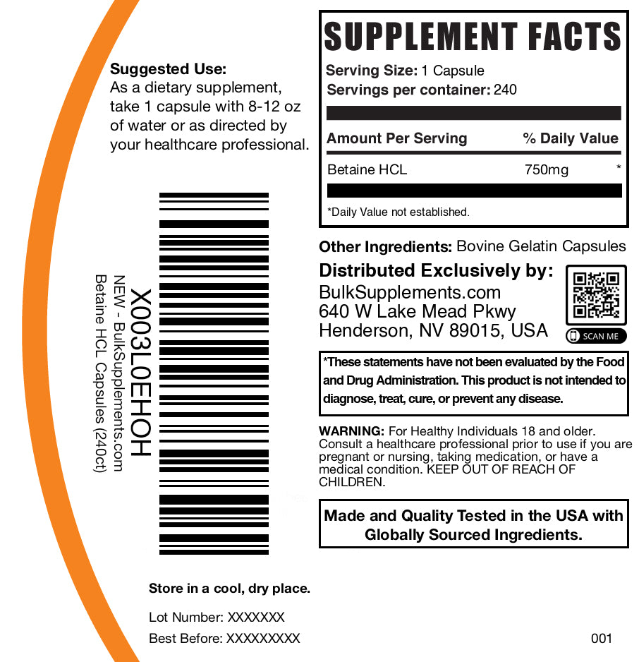 Betaine HCl 240 capsules label