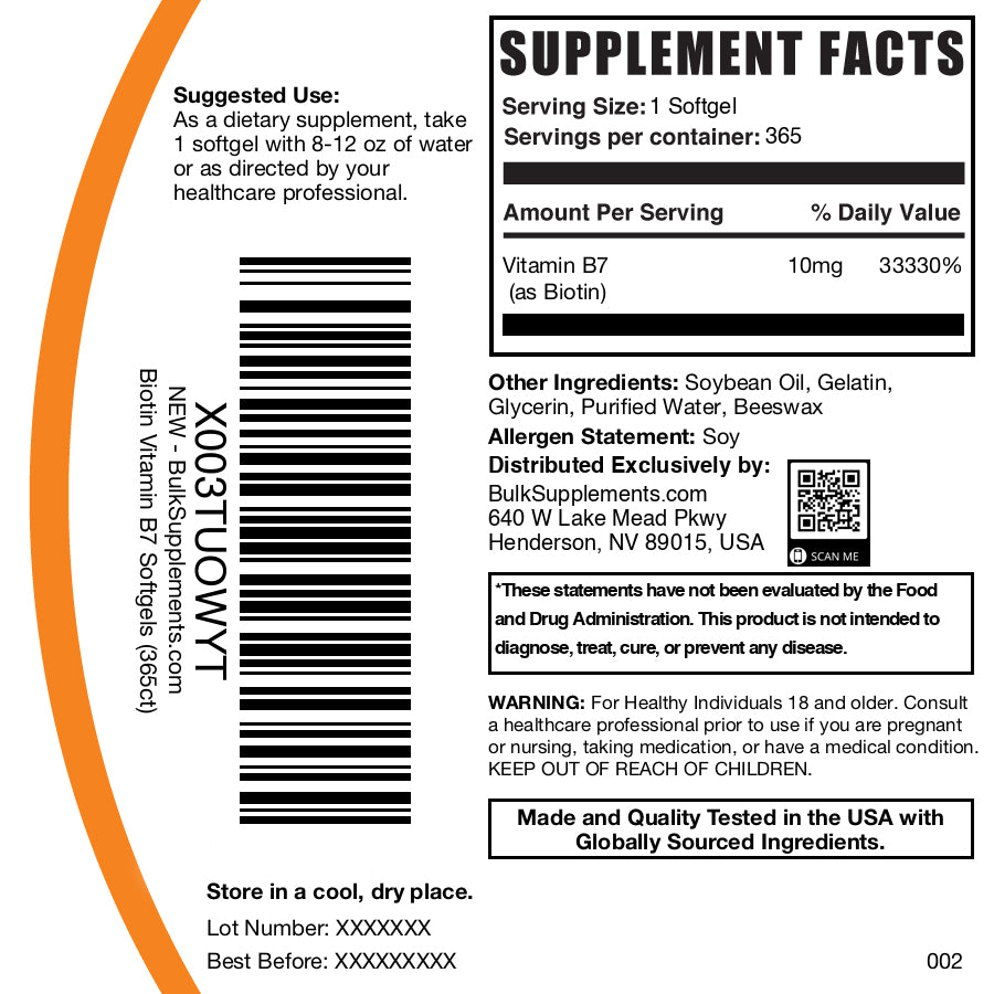 Biotin 10mg 365 softgels label