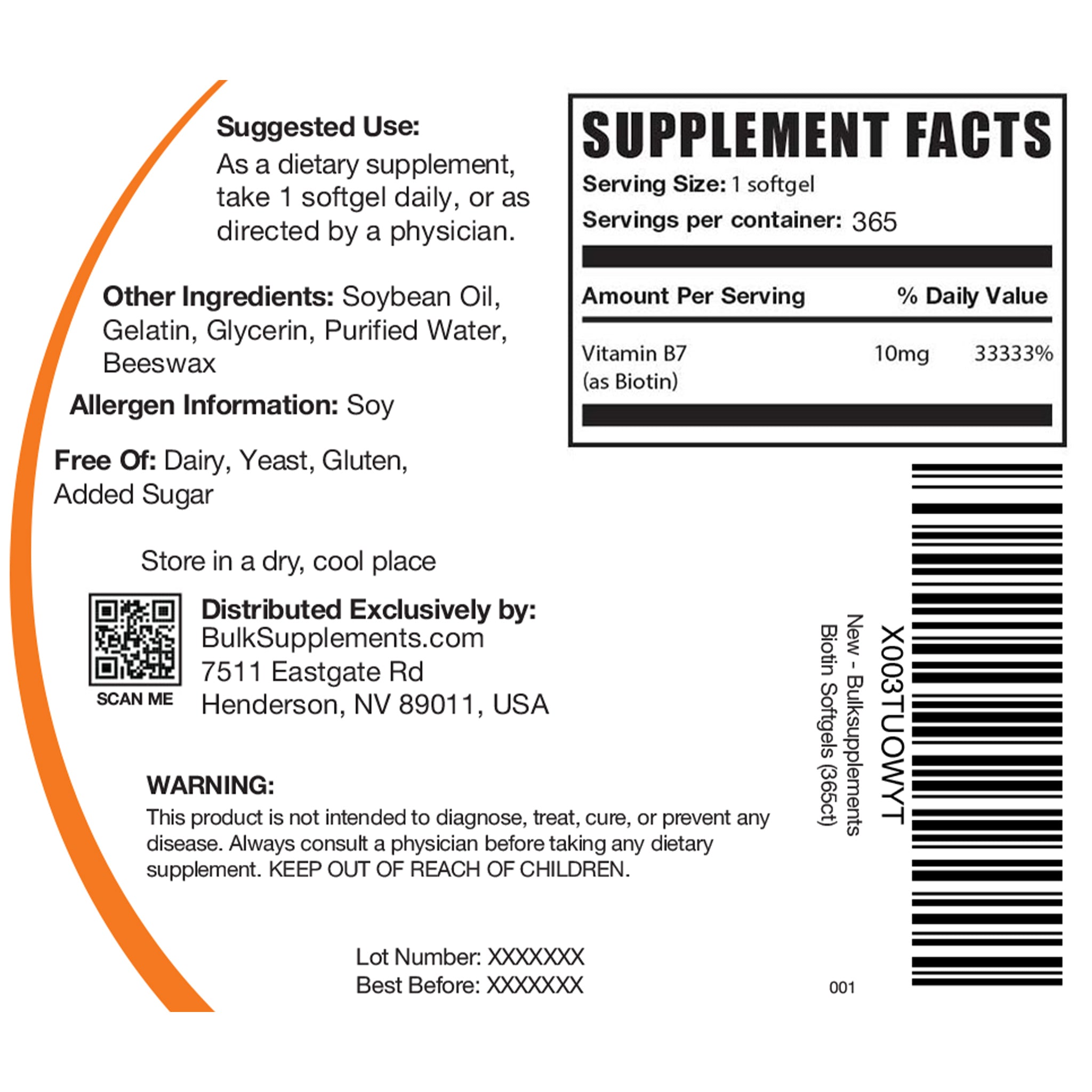 Supplement Facts Biotin Softgels 365 softgels