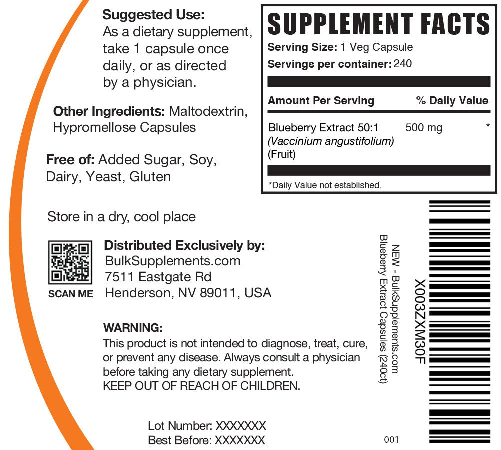 Blueberry extract capsules label 240 ct