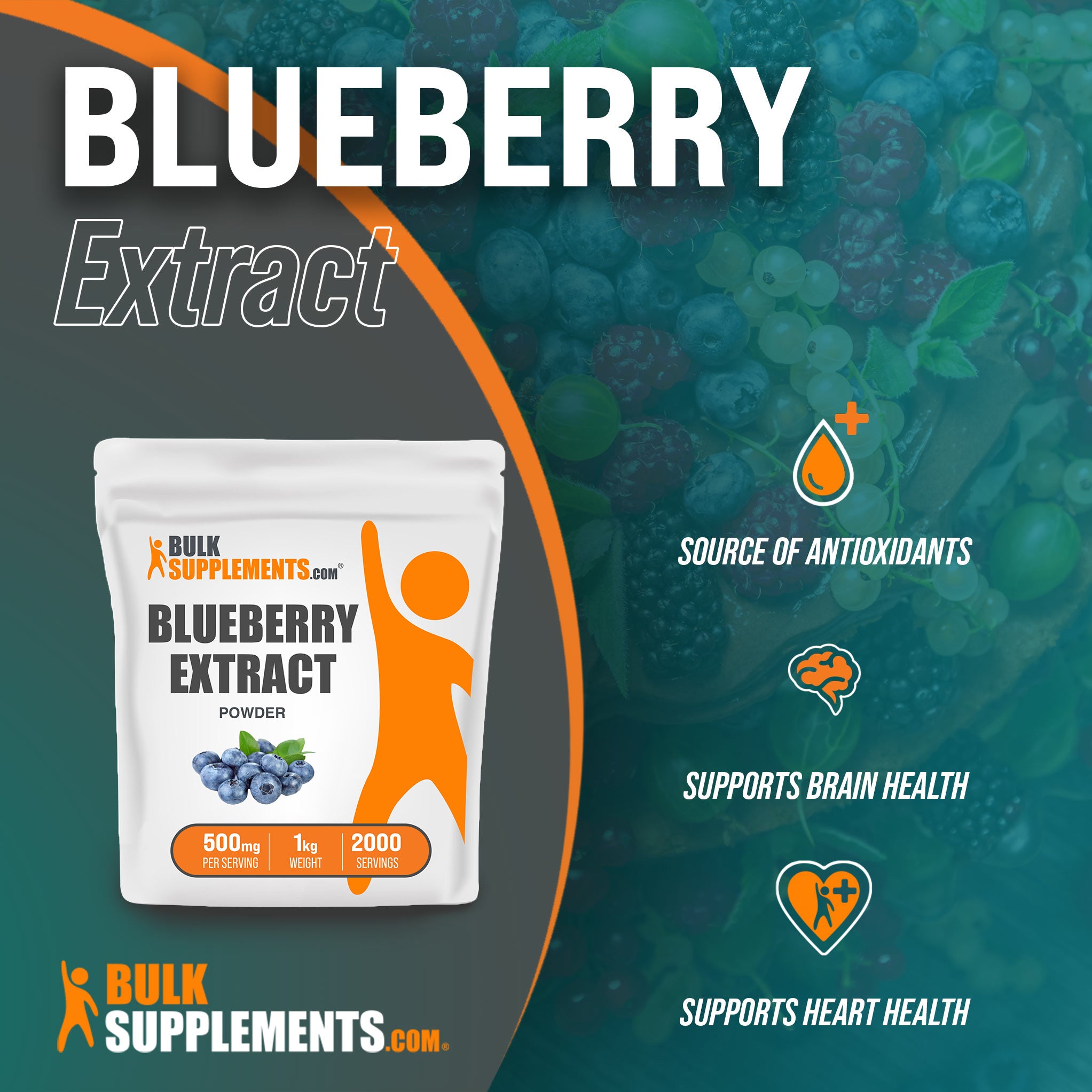 Benefits of Blueberry Extract; source of antioxidants, supports brain health, supports heart health