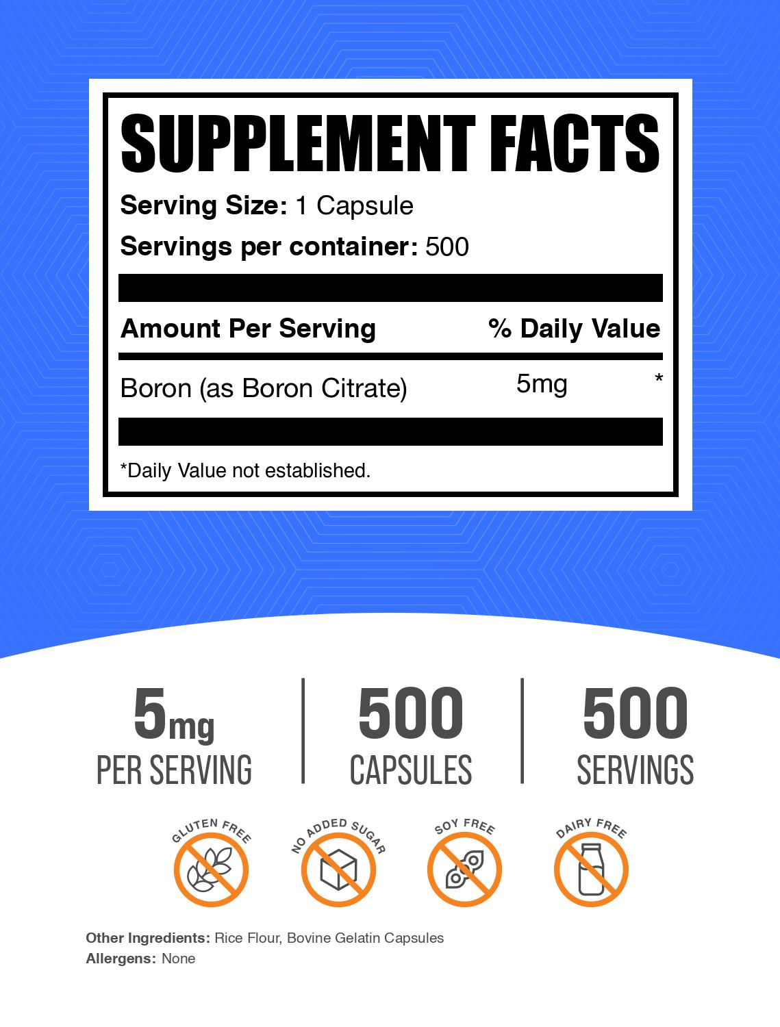 Boron citrate 5mg 500 capsules label