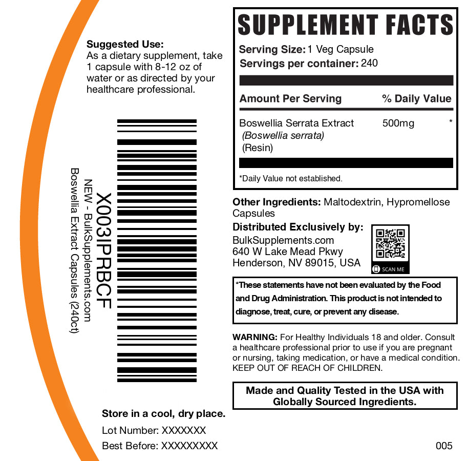 Boswellia extract 240 veg capsules label