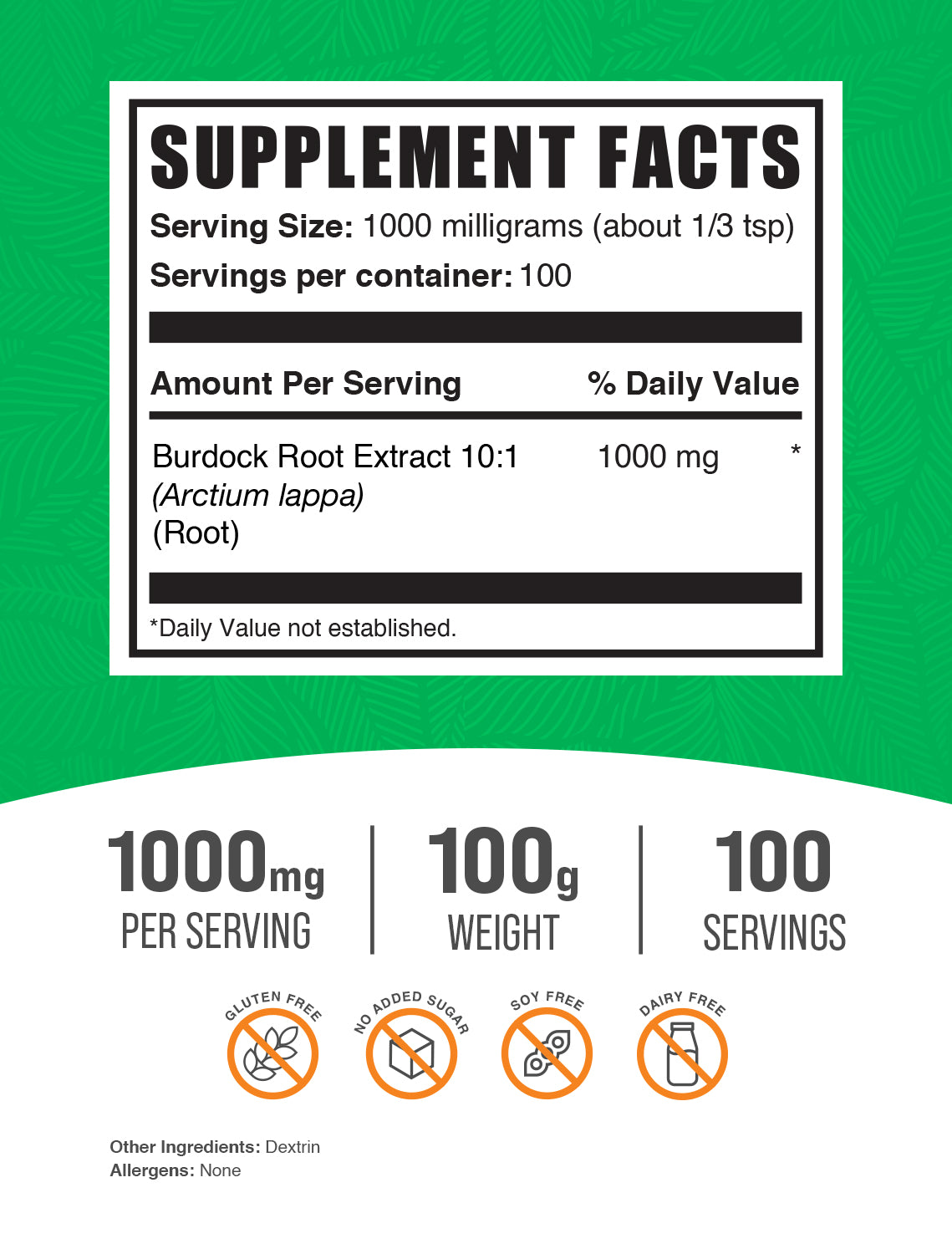 Burdock Root Extract 100g label