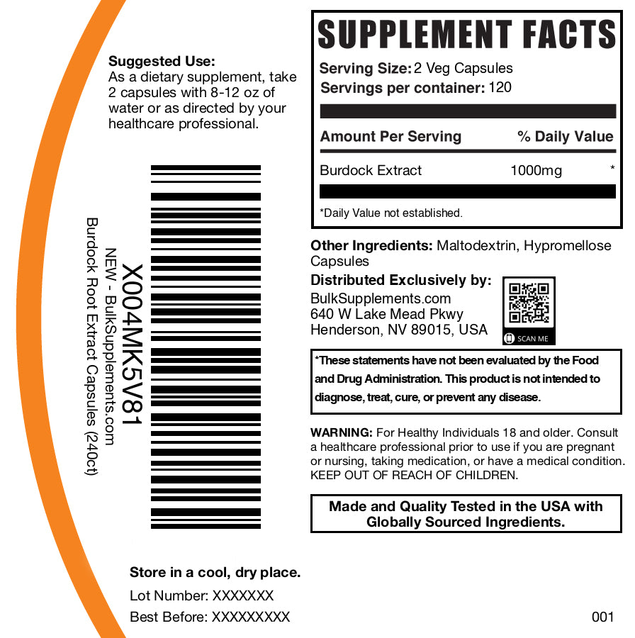 Burdock root extract 240 capsules label
