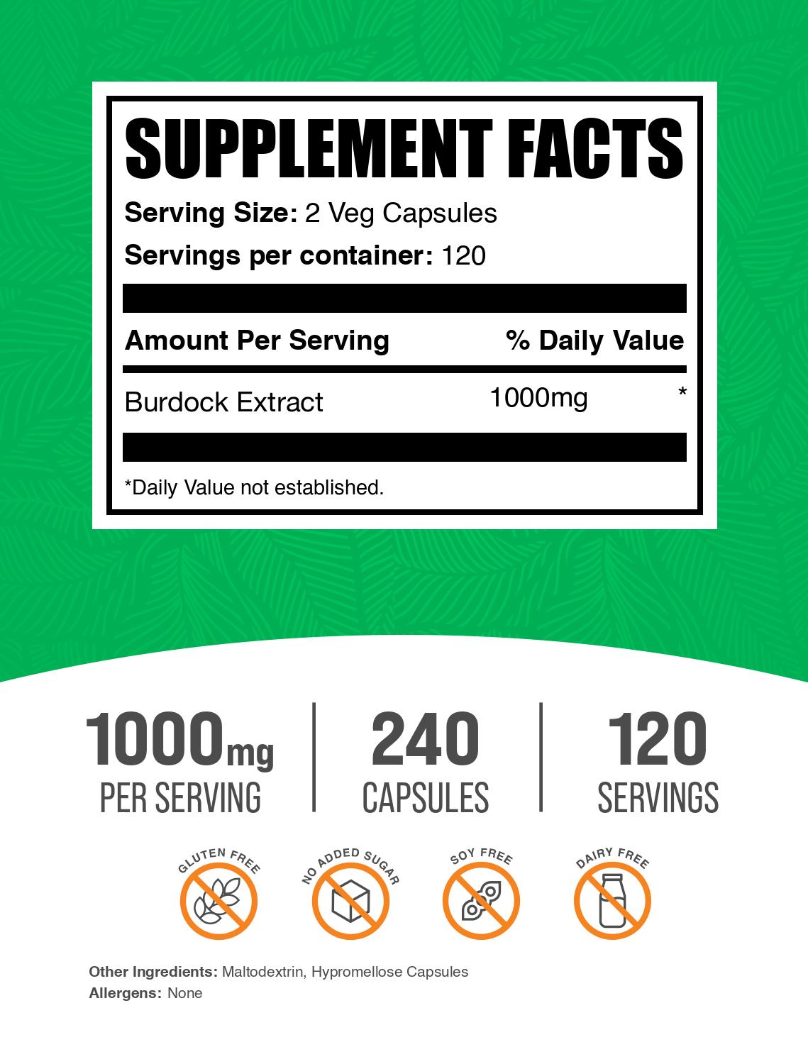 Burdock root extract 240 capsules label