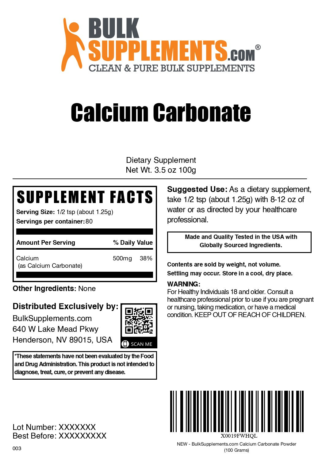 Calcium Carbonate 100g label