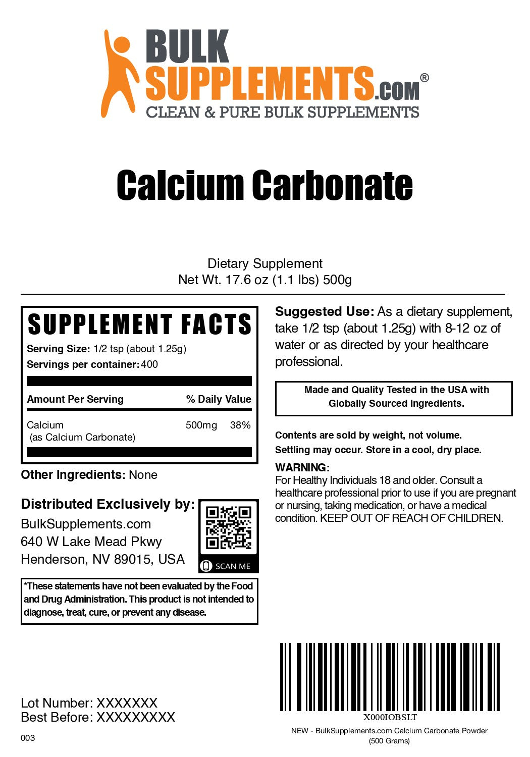Calcium Carbonate 500g label