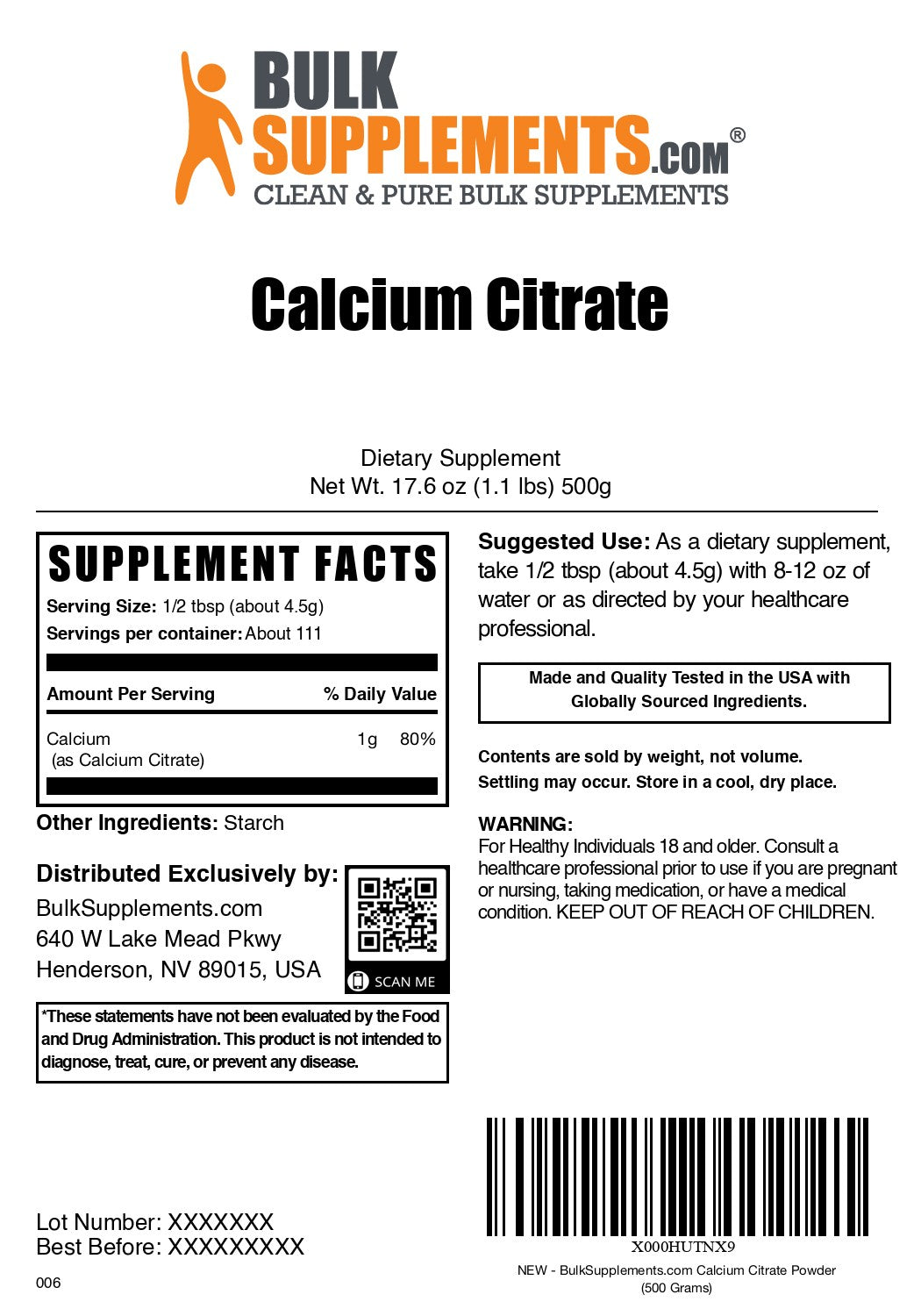 Calcium Citrate Powder 500g label