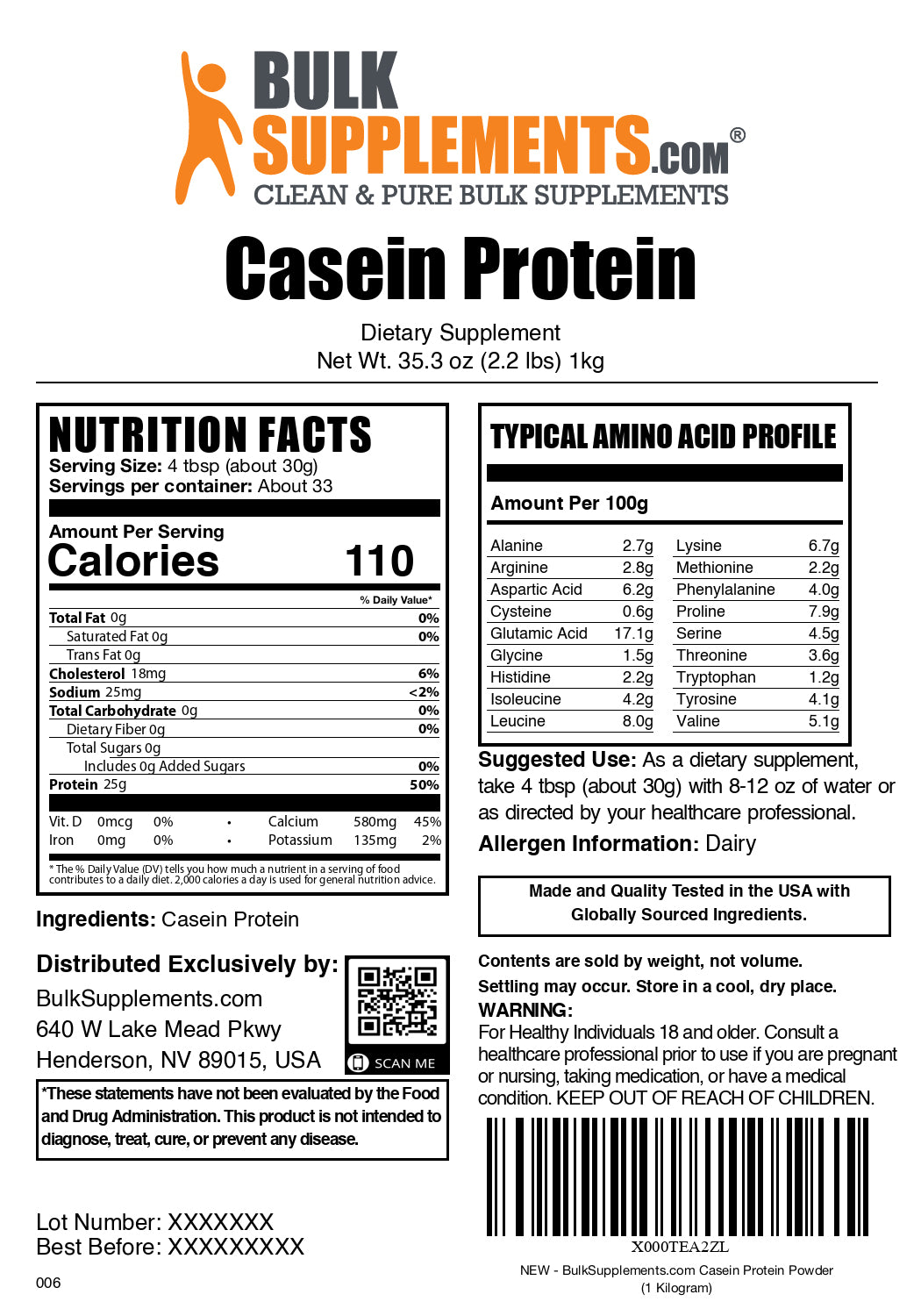 Casein protein powder label 1kg