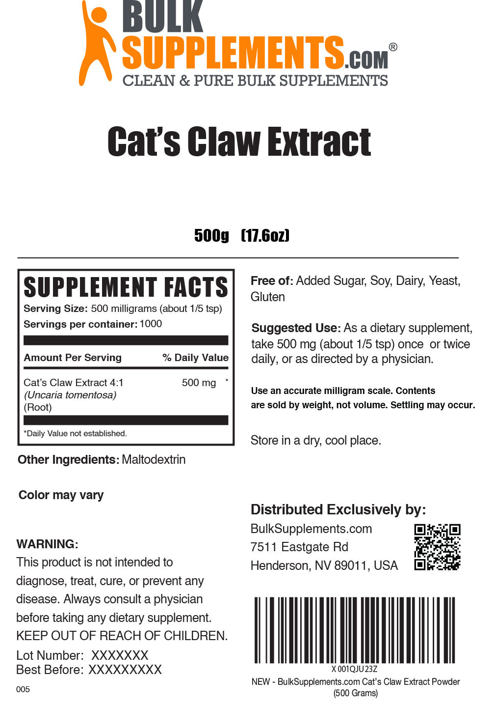 Supplement Facts Cat's Claw Extract 500 grams 17.6 ounces
