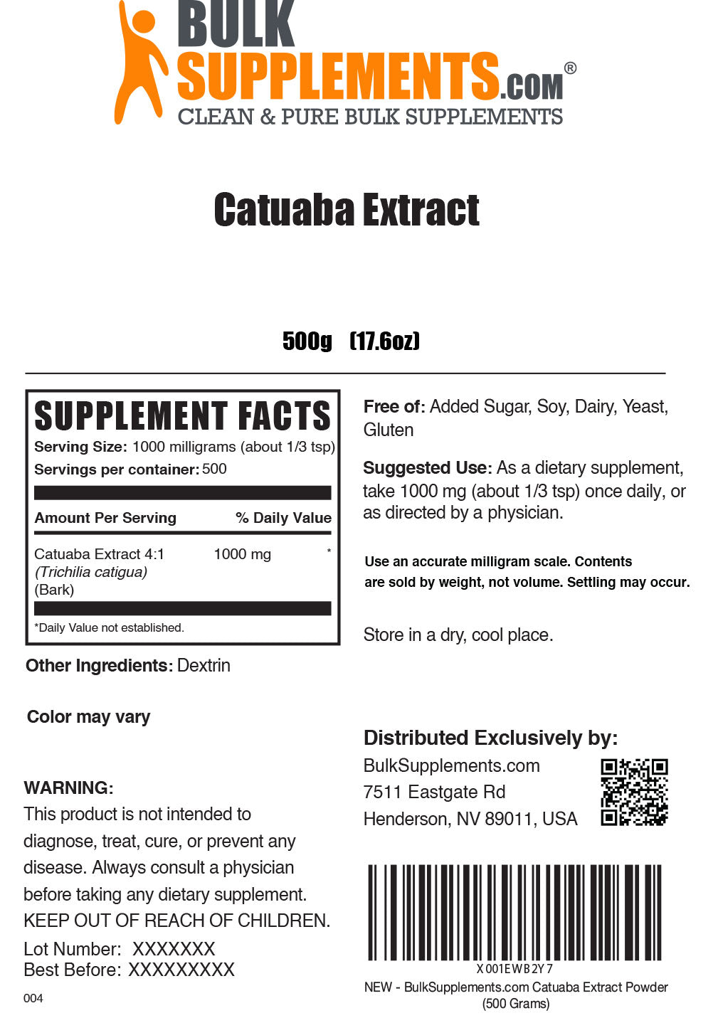 Supplement Facts Catuaba Extract 500 grams 17.6 ounces